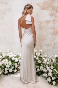 ALESSANDRA Satin Bow Shoulder Maxi Dress In Champagne sold by Lavish Alice