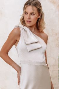 ALESSANDRA Satin Bow Shoulder Maxi Dress In Champagne sold by Lavish Alice