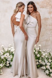 ALESSANDRA Satin Bow Shoulder Maxi Dress In Champagne sold by Lavish Alice