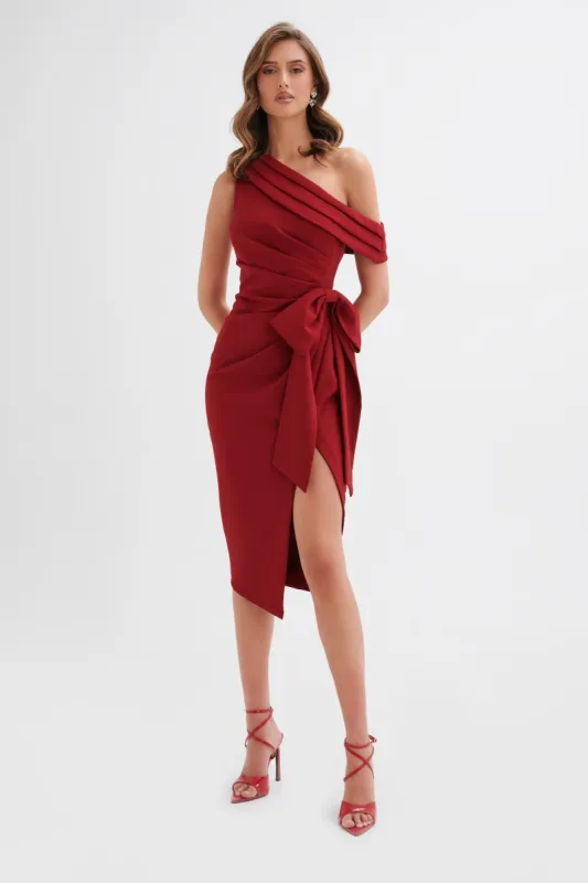 HONEY Asymmetric Pleated Bow Midi Dress in Burgundy sold by Lavish Alice