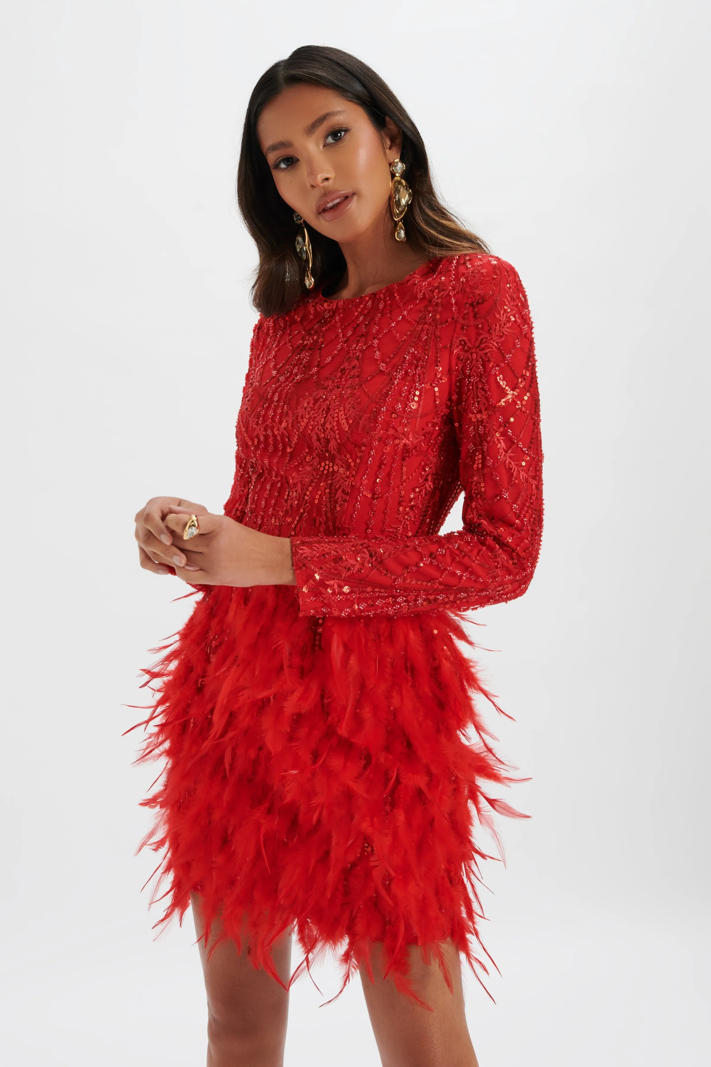 SELENE Embellished Feather Mini Dress In Red sold by Lavish Alice product image thumbnail 3