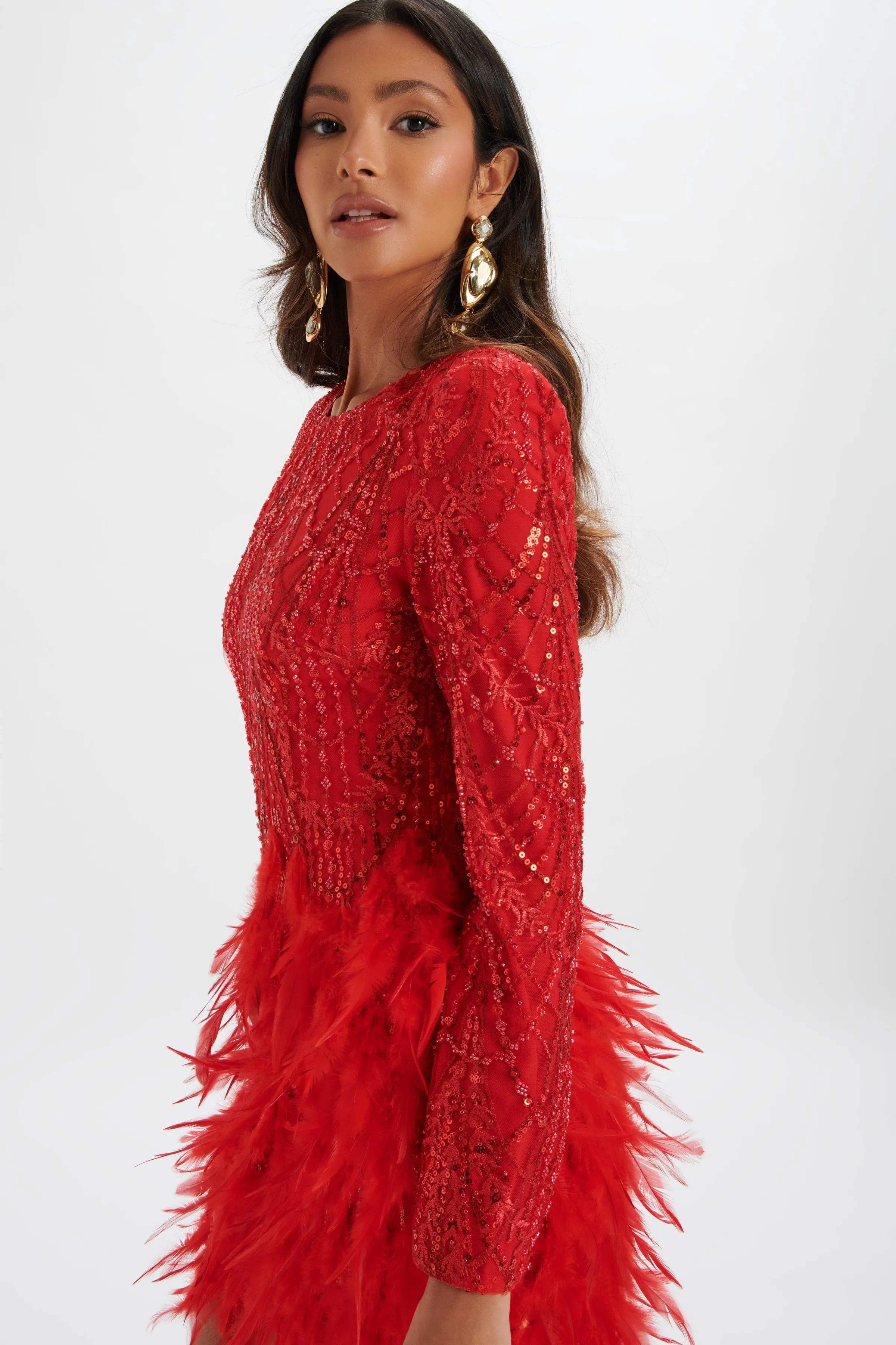 SELENE Embellished Feather Mini Dress In Red sold by Lavish Alice