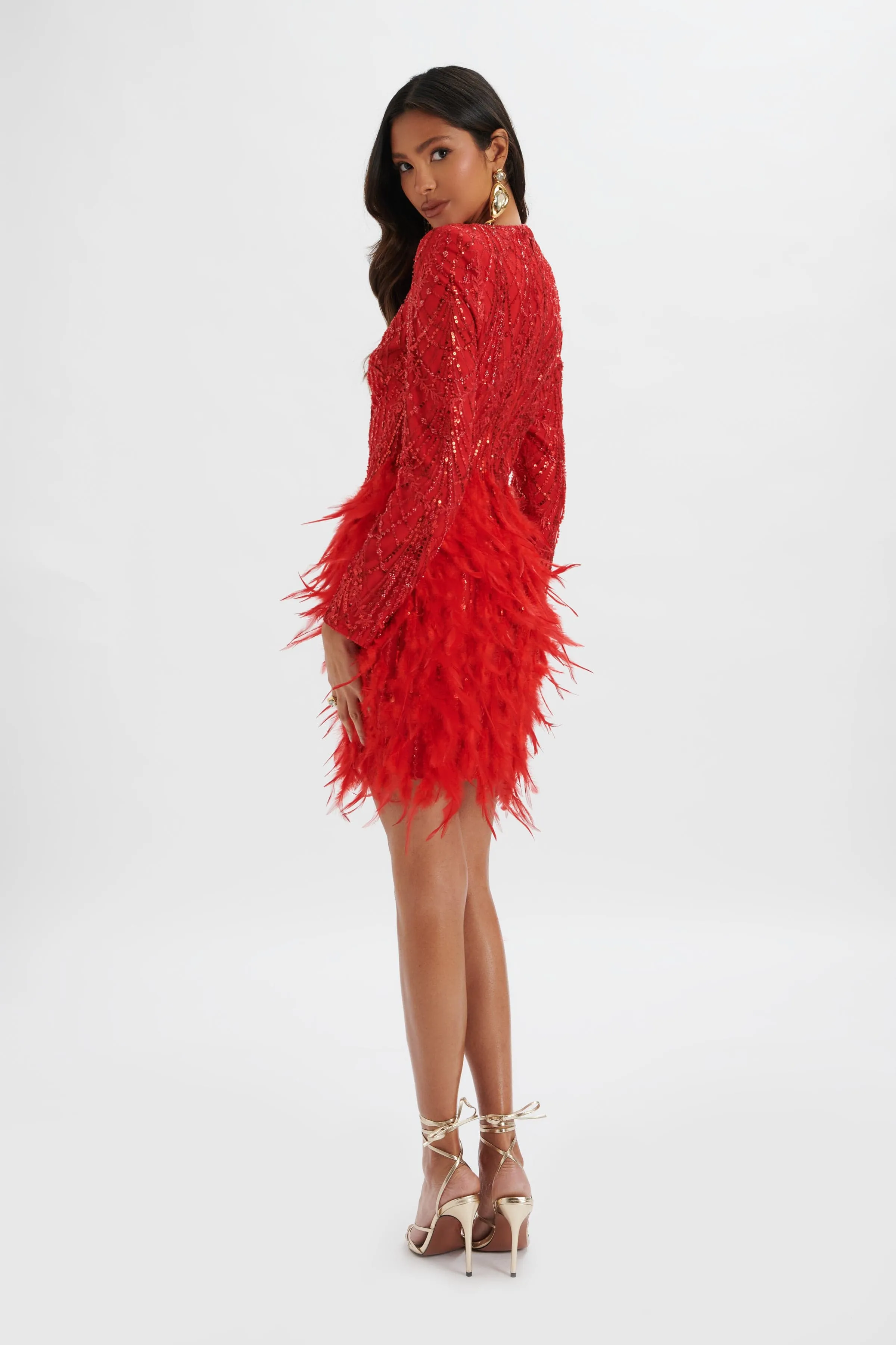 SELENE Embellished Feather Mini Dress In Red sold by Lavish Alice product image thumbnail 4