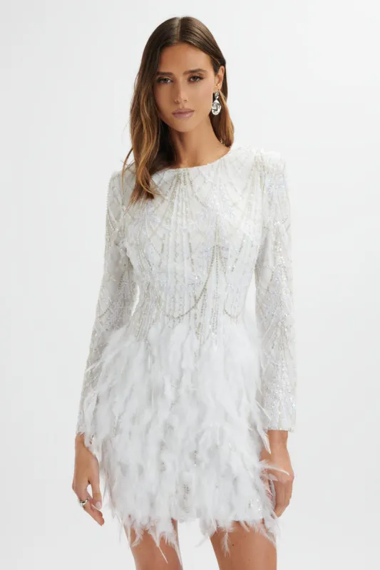 SELENE Embellished Feather Mini Dress In White made by Lavish Alice