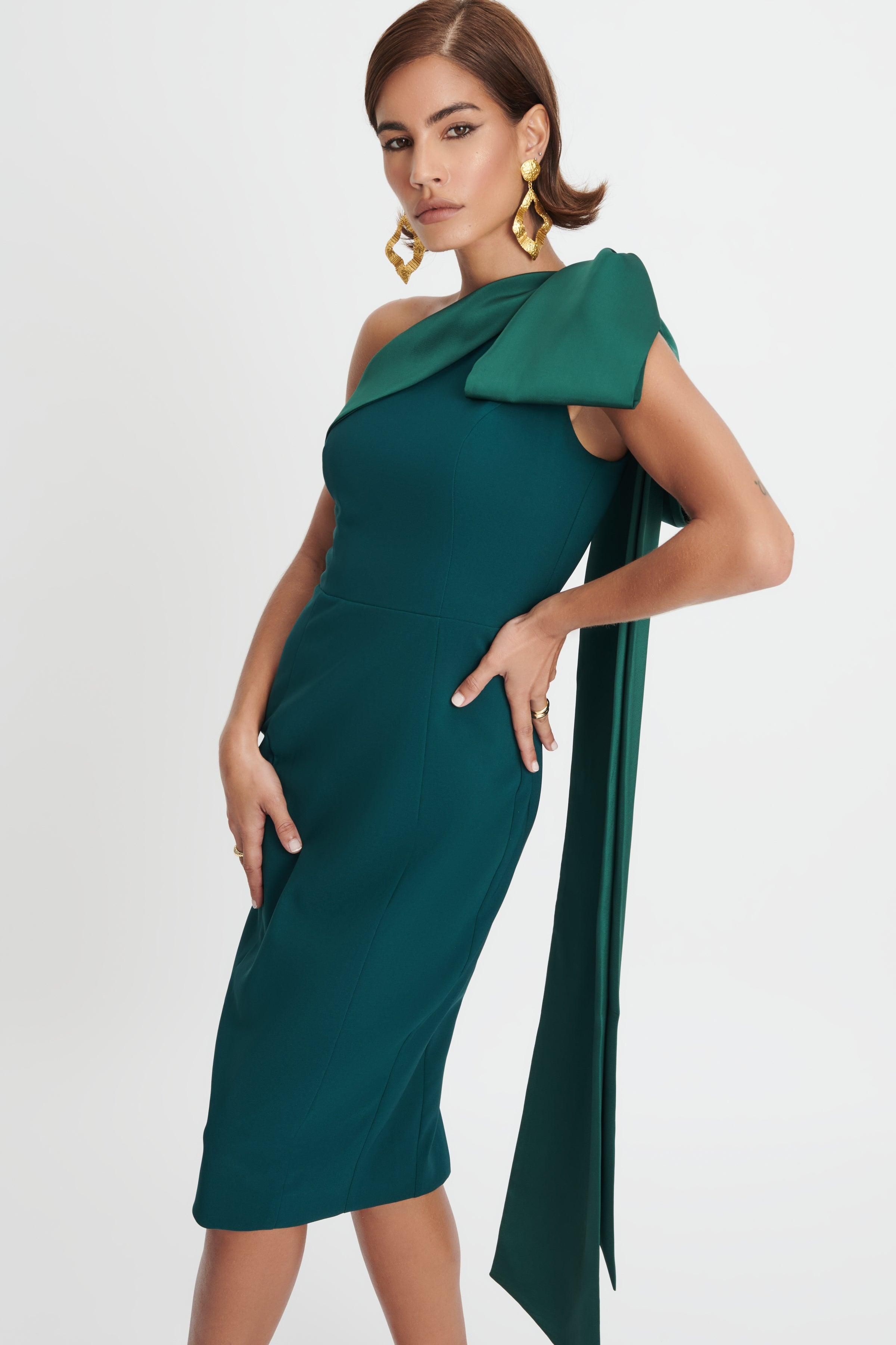 GEMMA One Shoulder Bow Detail Midi Dress In Emerald Green sold by Lavish Alice product image thumbnail 5