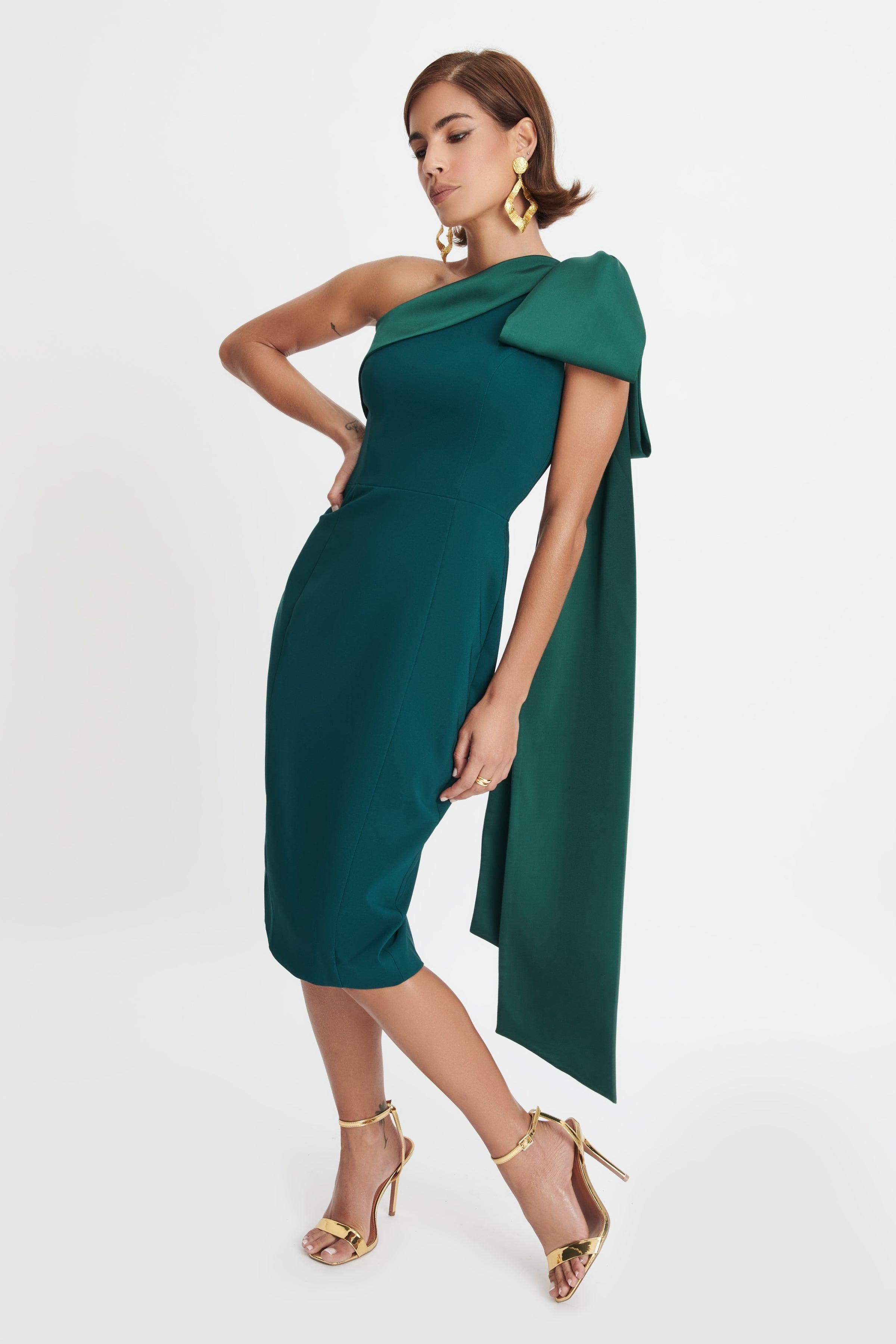 GEMMA One Shoulder Bow Detail Midi Dress In Emerald Green sold by Lavish Alice product image thumbnail 2