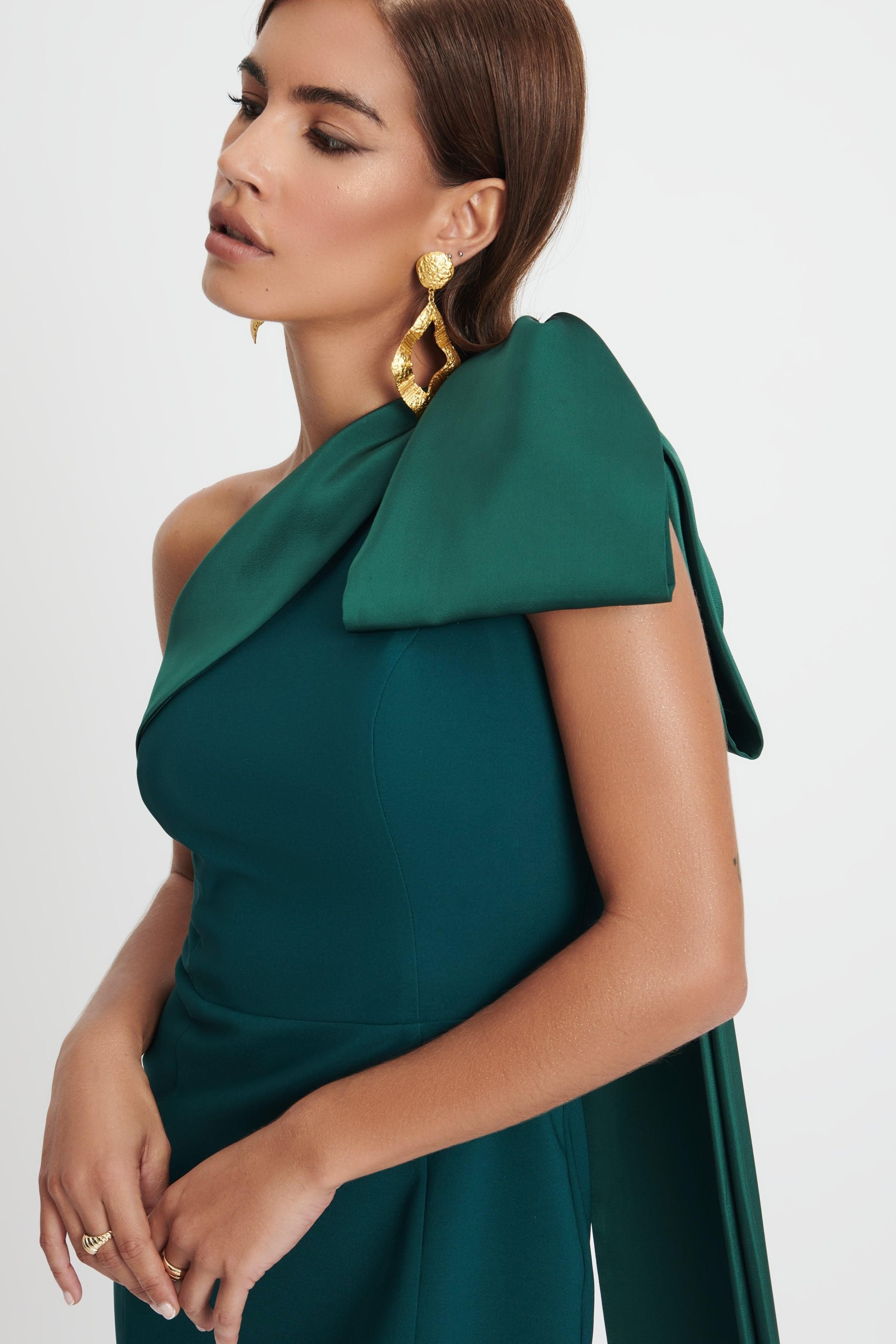 GEMMA One Shoulder Bow Detail Midi Dress In Emerald Green sold by Lavish Alice product image thumbnail 6
