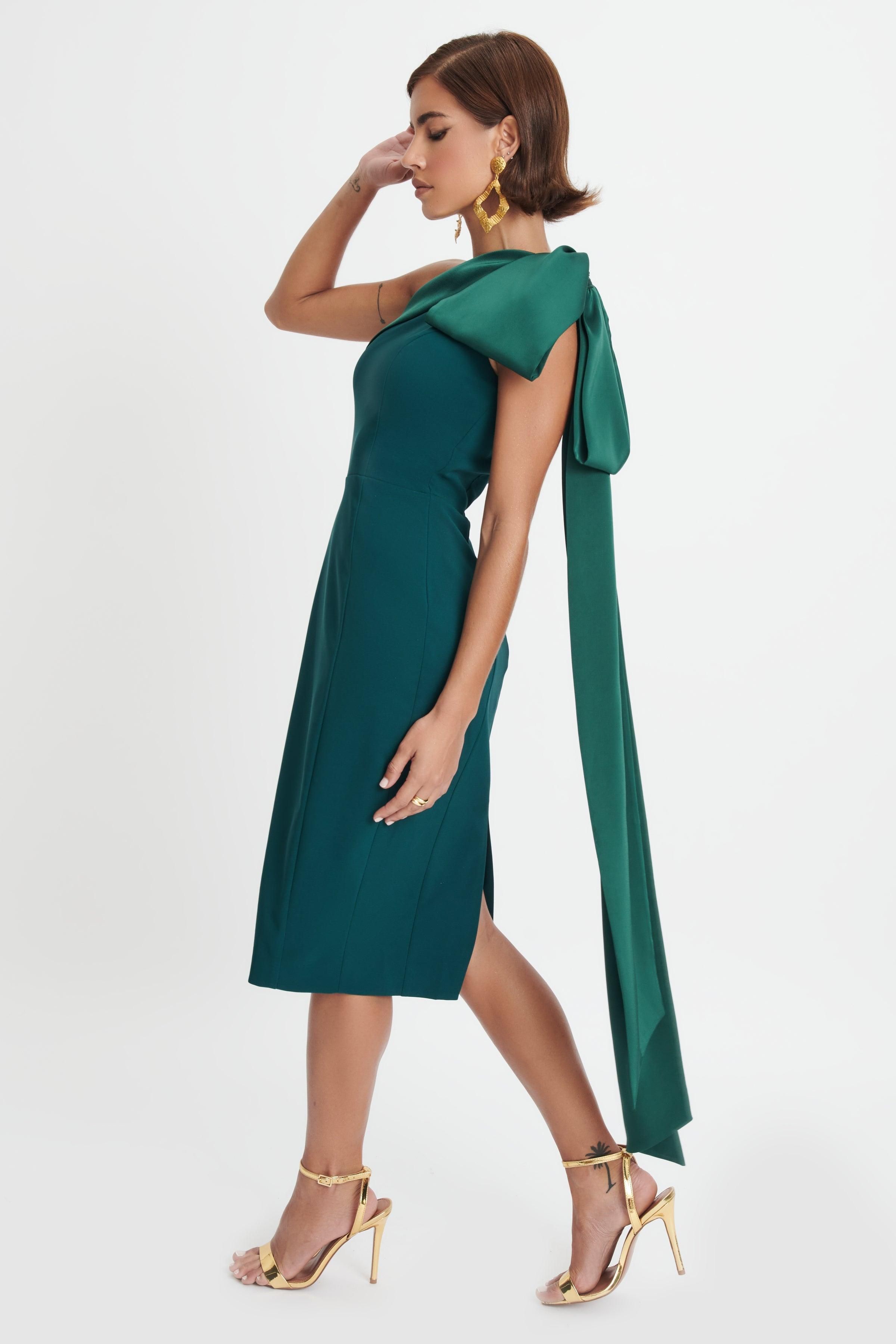 GEMMA One Shoulder Bow Detail Midi Dress In Emerald Green sold by Lavish Alice product image thumbnail 3