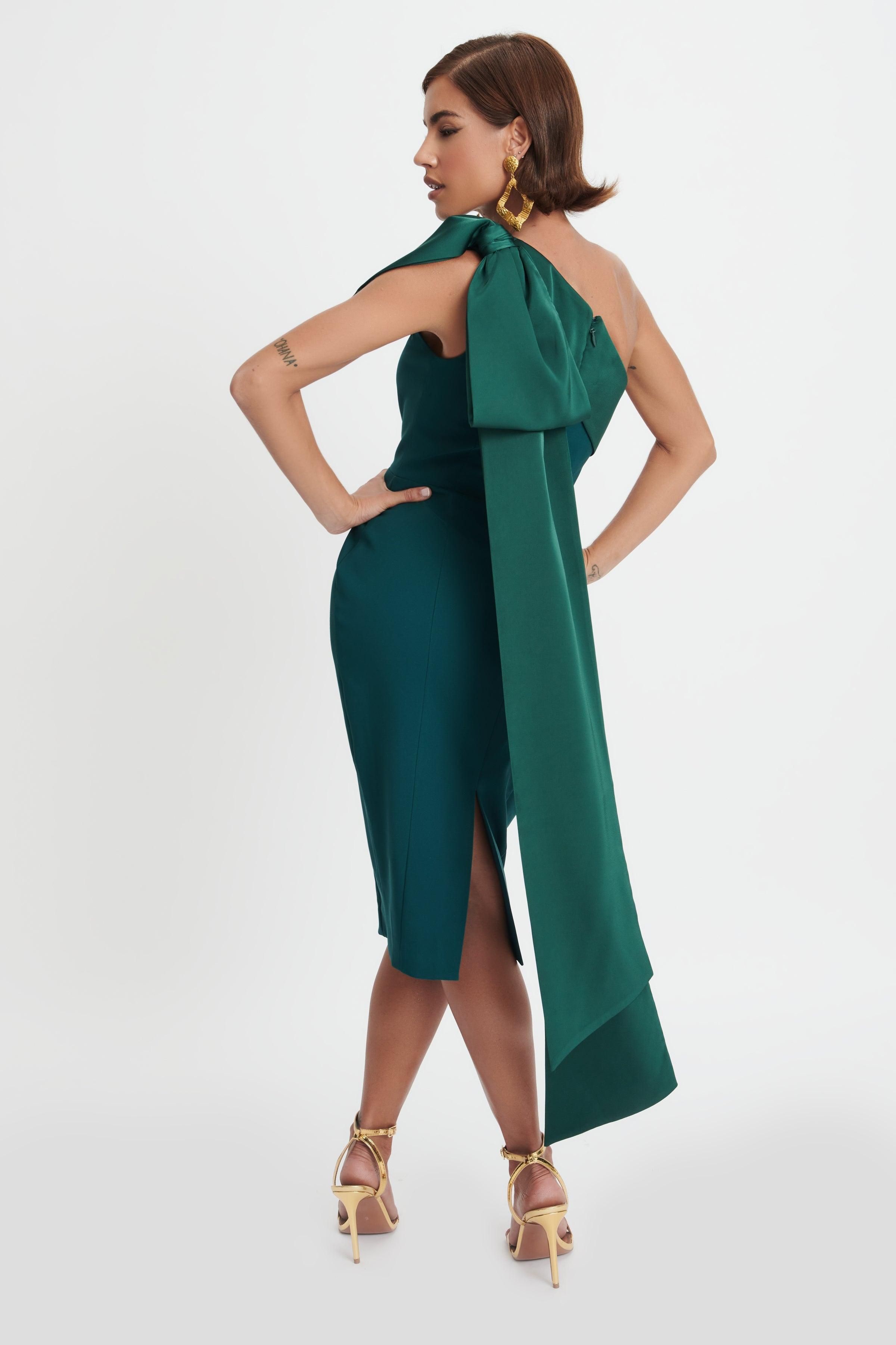 GEMMA One Shoulder Bow Detail Midi Dress In Emerald Green sold by Lavish Alice product image thumbnail 7