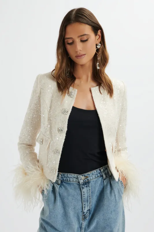 LARIA Sequin Boucle Jacket with Gold Rose Embellishment in Beige sold by Lavish Alice