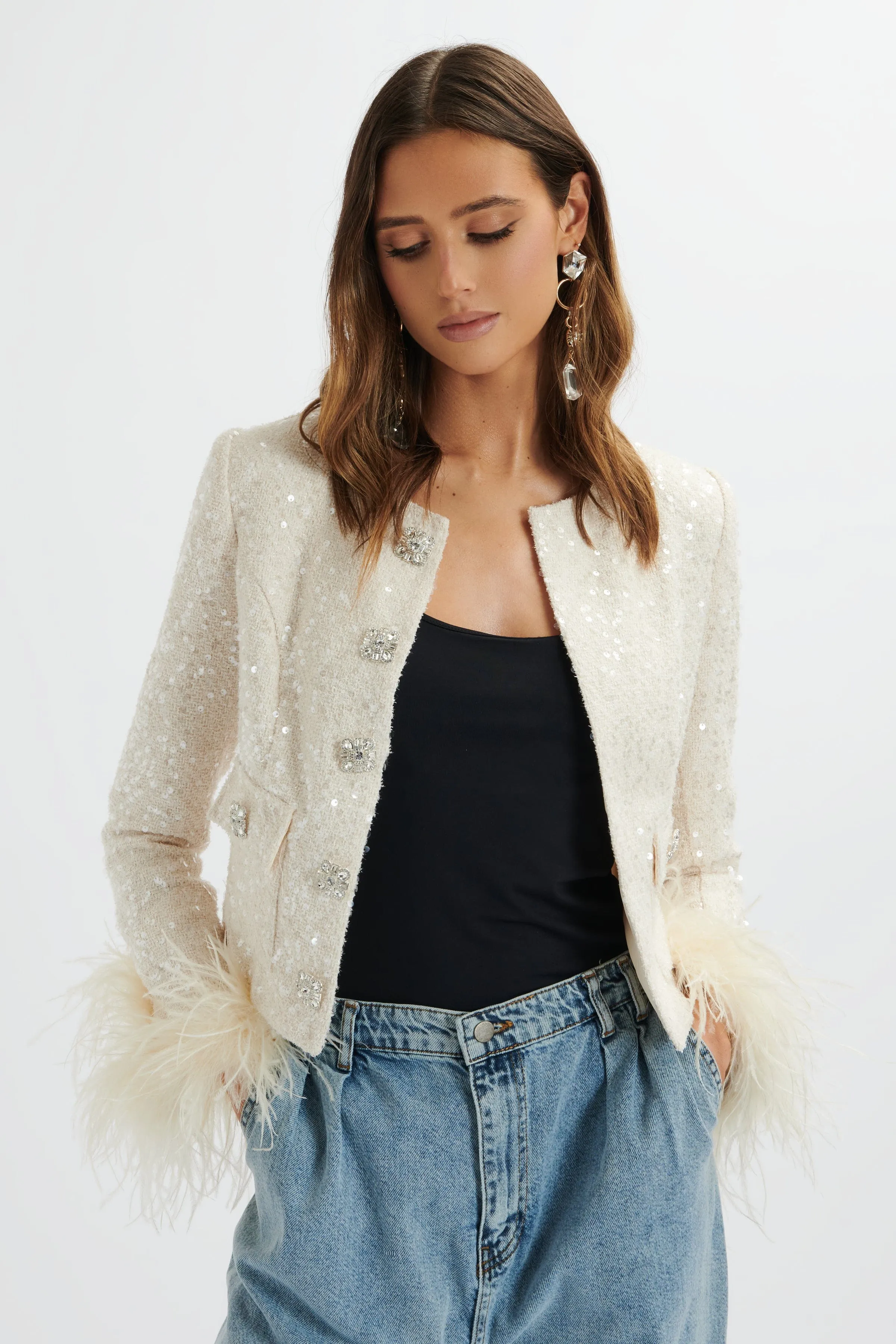 LARIA Sequin Boucle Jacket with Gold Rose Embellishment in Beige sold by Lavish Alice