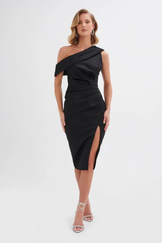 AUTUMN Pleated One Shoulder Bonded Satin Midi Dress in Black sold by Lavish Alice