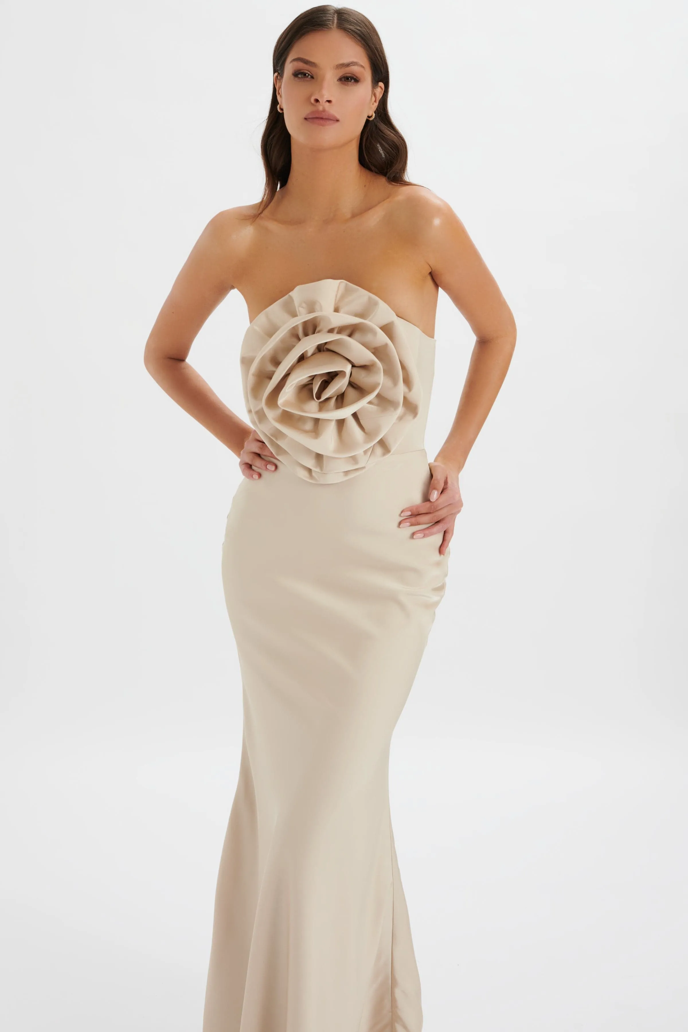 DALIA 3D Flower Bandeau Maxi Dress in Champagne sold by Lavish Alice product image thumbnail 4