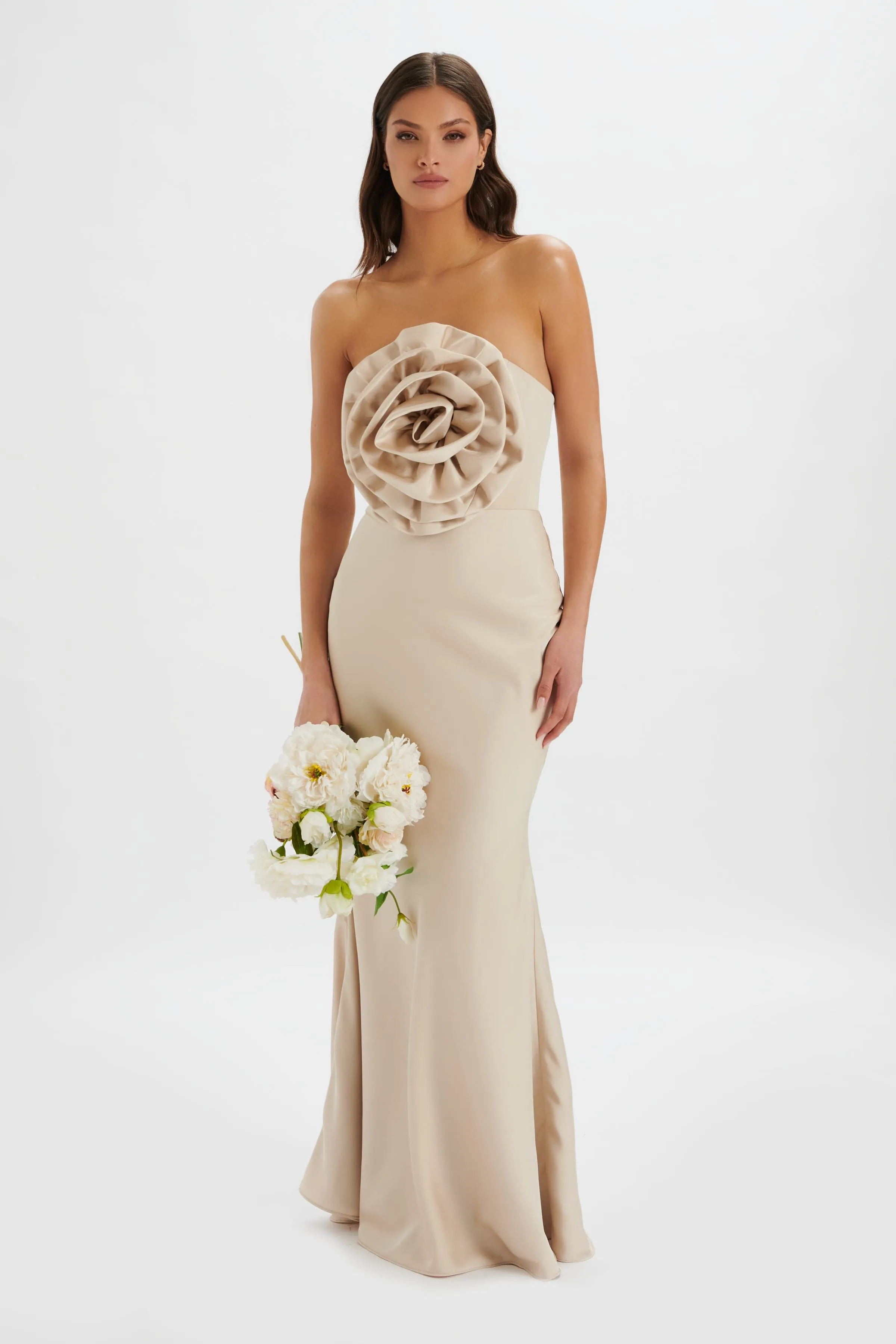 DALIA 3D Flower Bandeau Maxi Dress in Champagne sold by Lavish Alice