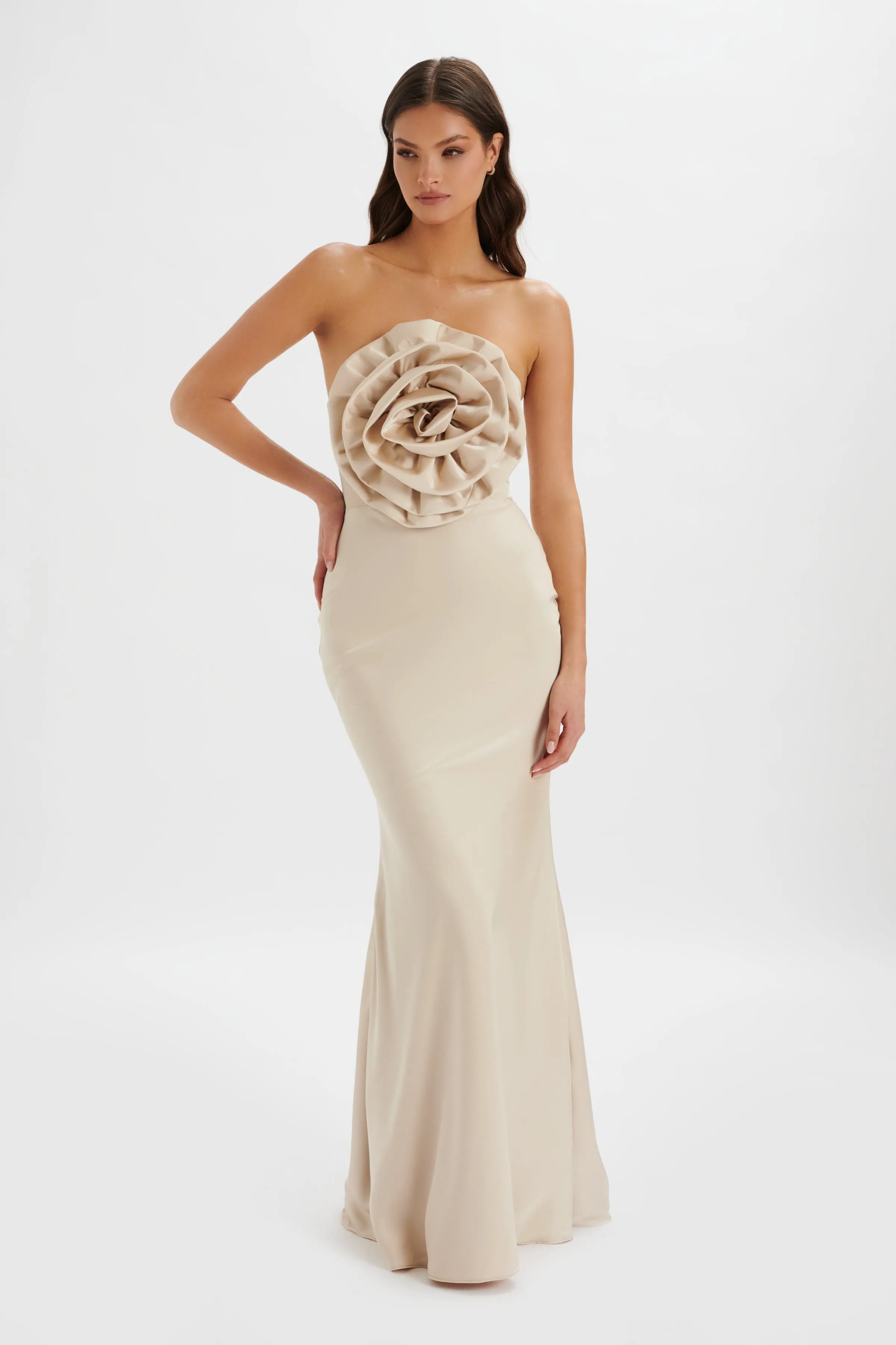 DALIA 3D Flower Bandeau Maxi Dress in Champagne sold by Lavish Alice product image thumbnail 3