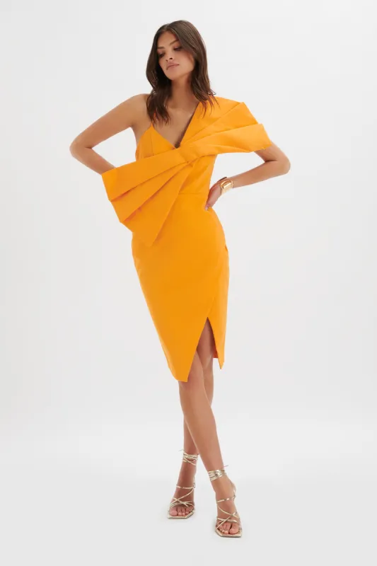ESTHER Bow Detail Wrap Skirt Midi Dress In Orange made by Lavish Alice