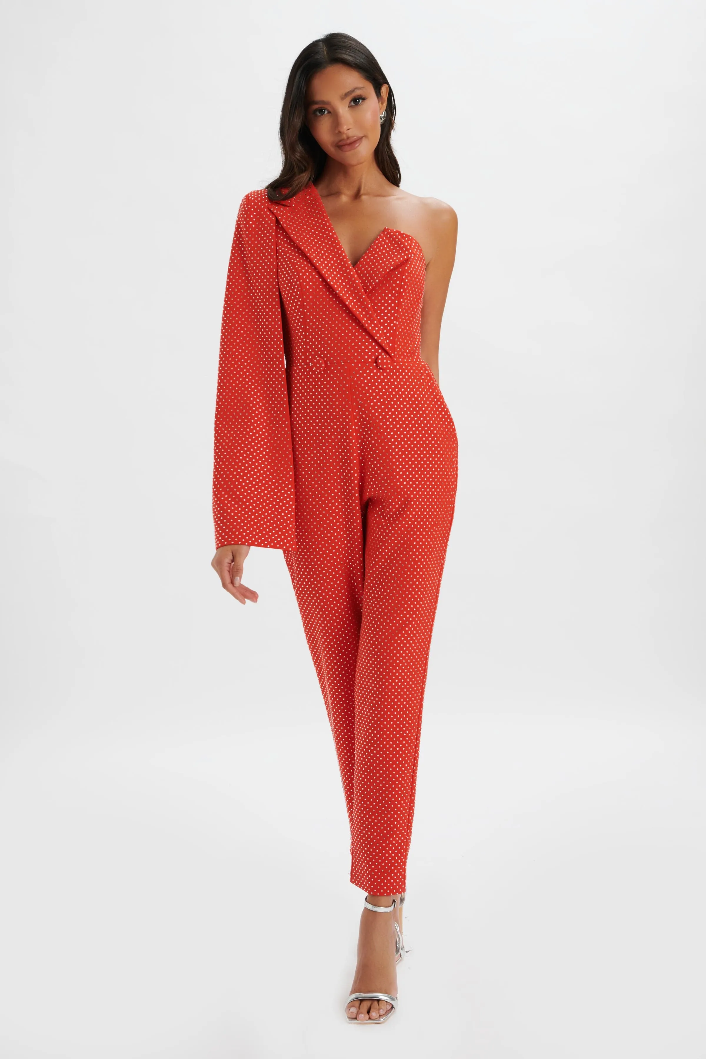 MISCHA Crystal Embellished One Shoulder Cape Jumpsuit in Red sold by Lavish Alice product image thumbnail 2