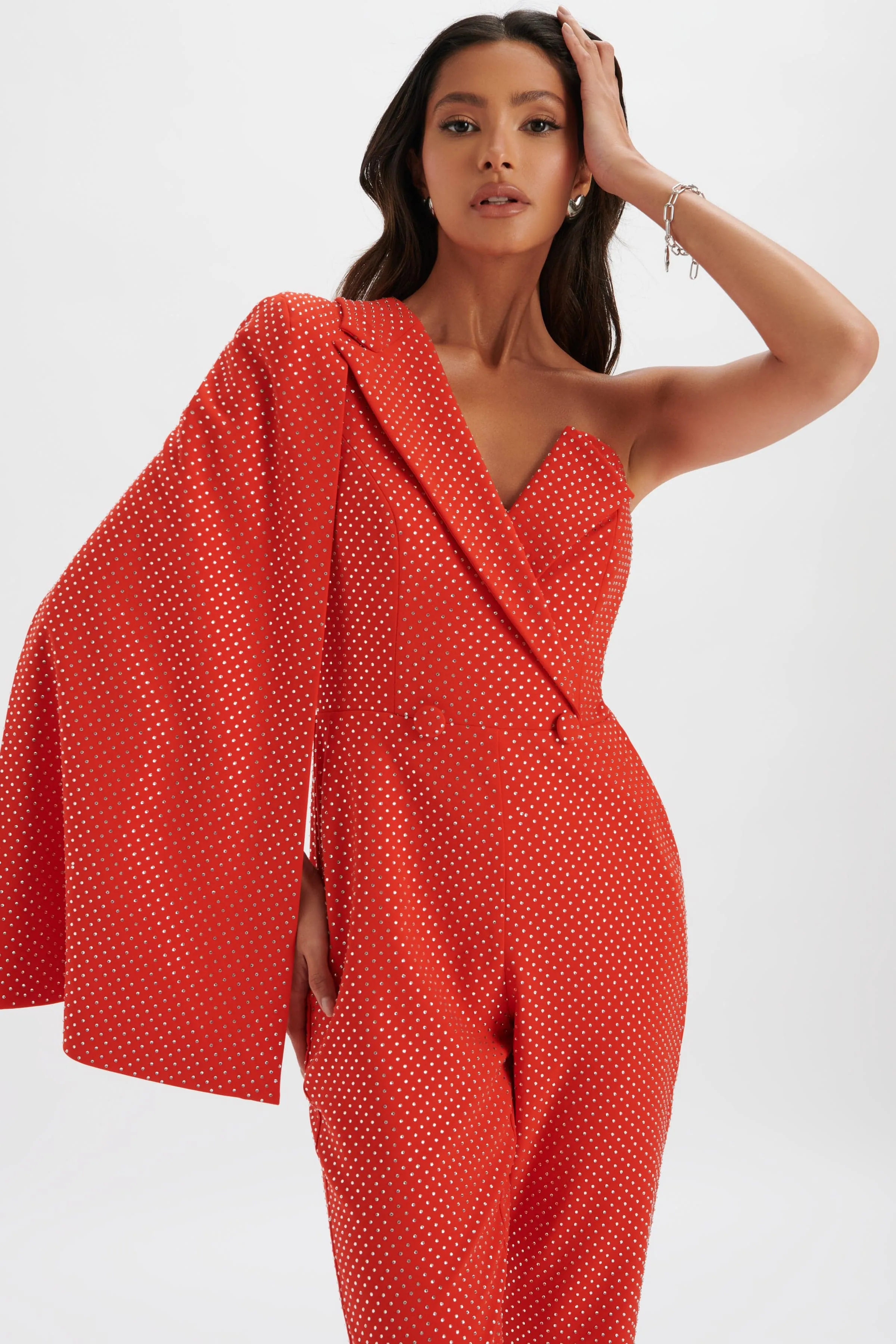 MISCHA Crystal Embellished One Shoulder Cape Jumpsuit in Red sold by Lavish Alice product image thumbnail 4
