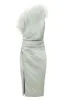 ALANA Feather One Shoulder Bonded Satin Midi Dress In Sage sold by Lavish Alice
