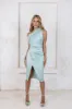 ALANA Feather One Shoulder Bonded Satin Midi Dress In Sage sold by Lavish Alice