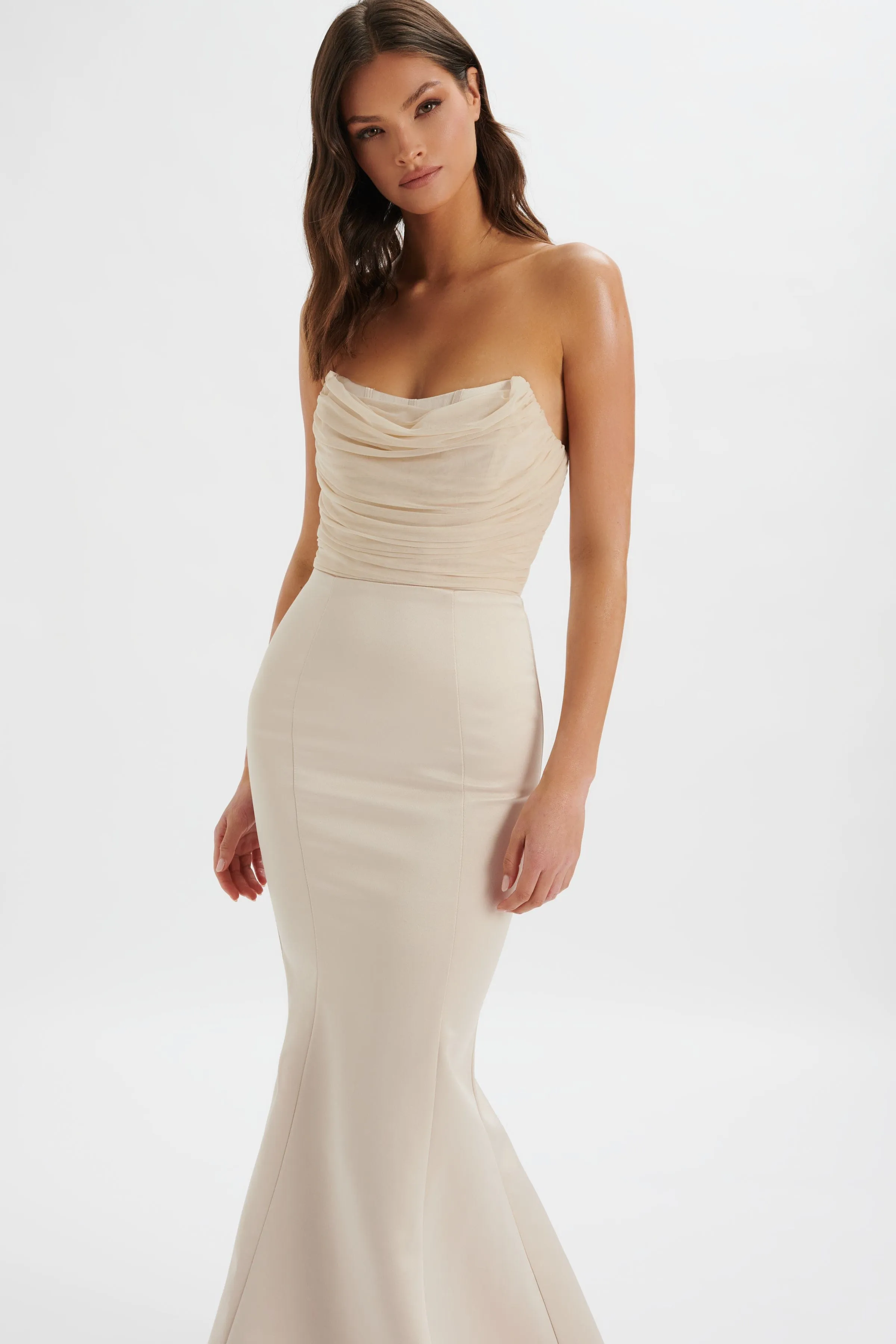 RENATA Bonded Satin Corset Maxi Dress In Champagne sold by Lavish Alice product image thumbnail 3