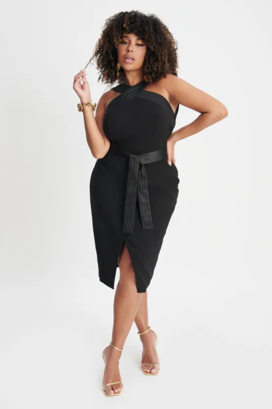 ISLA Curve Satin Mix Cross Over Midi Dress In Black sold by Lavish Alice