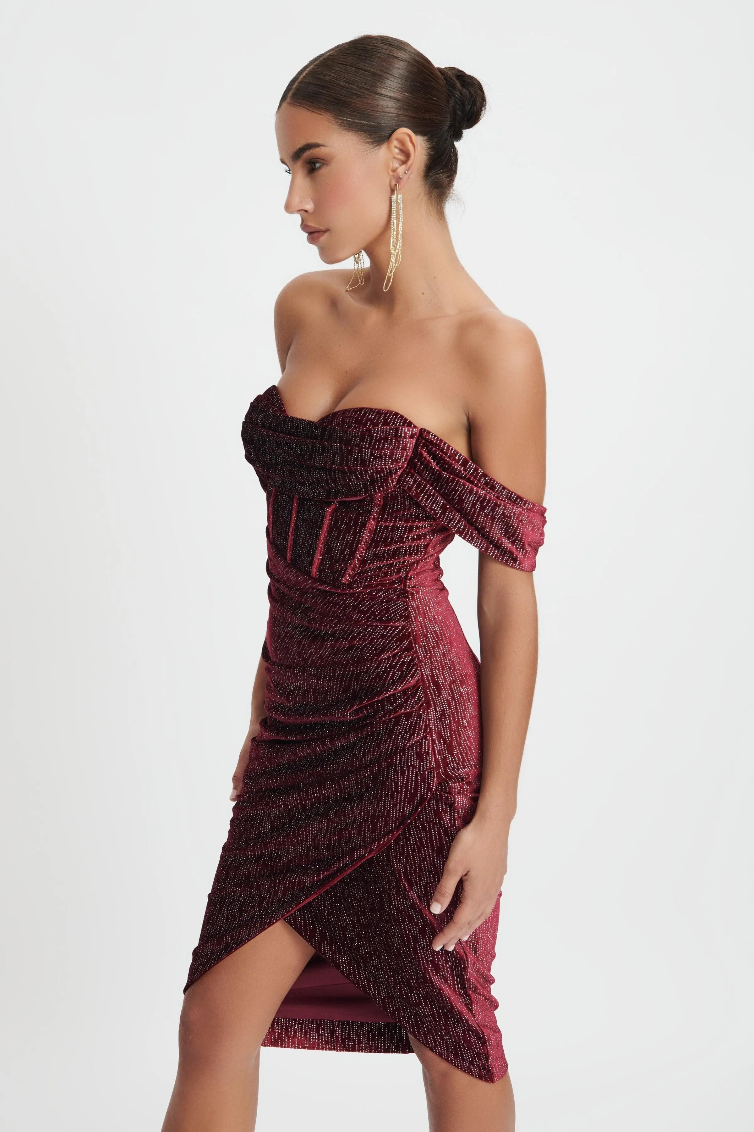 BLAKE Diamante Velvet Pleated Off Shoulder Midi Dress In Burgundy sold by Lavish Alice product image thumbnail 2