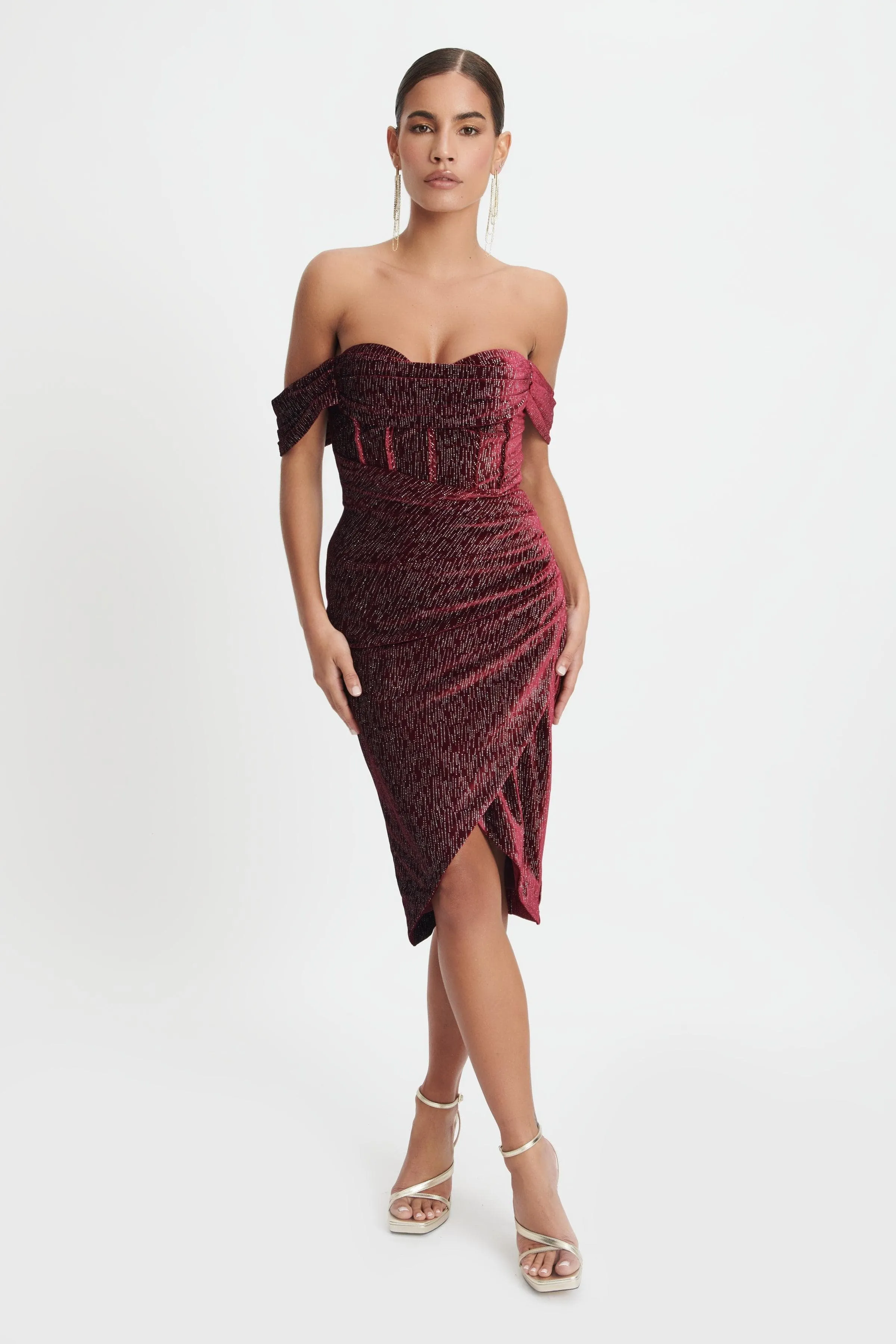 BLAKE Diamante Velvet Pleated Off Shoulder Midi Dress In Burgundy sold by Lavish Alice product image thumbnail 4