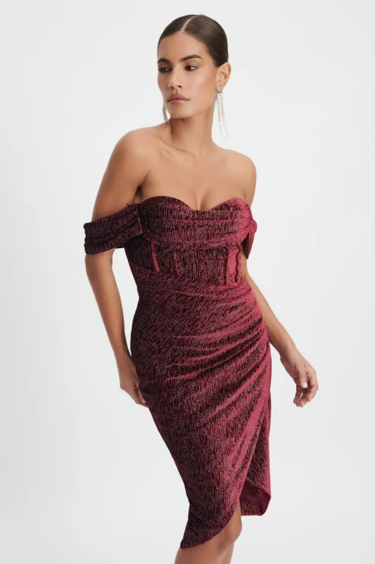 BLAKE Diamante Velvet Pleated Off Shoulder Midi Dress In Burgundy sold by Lavish Alice
