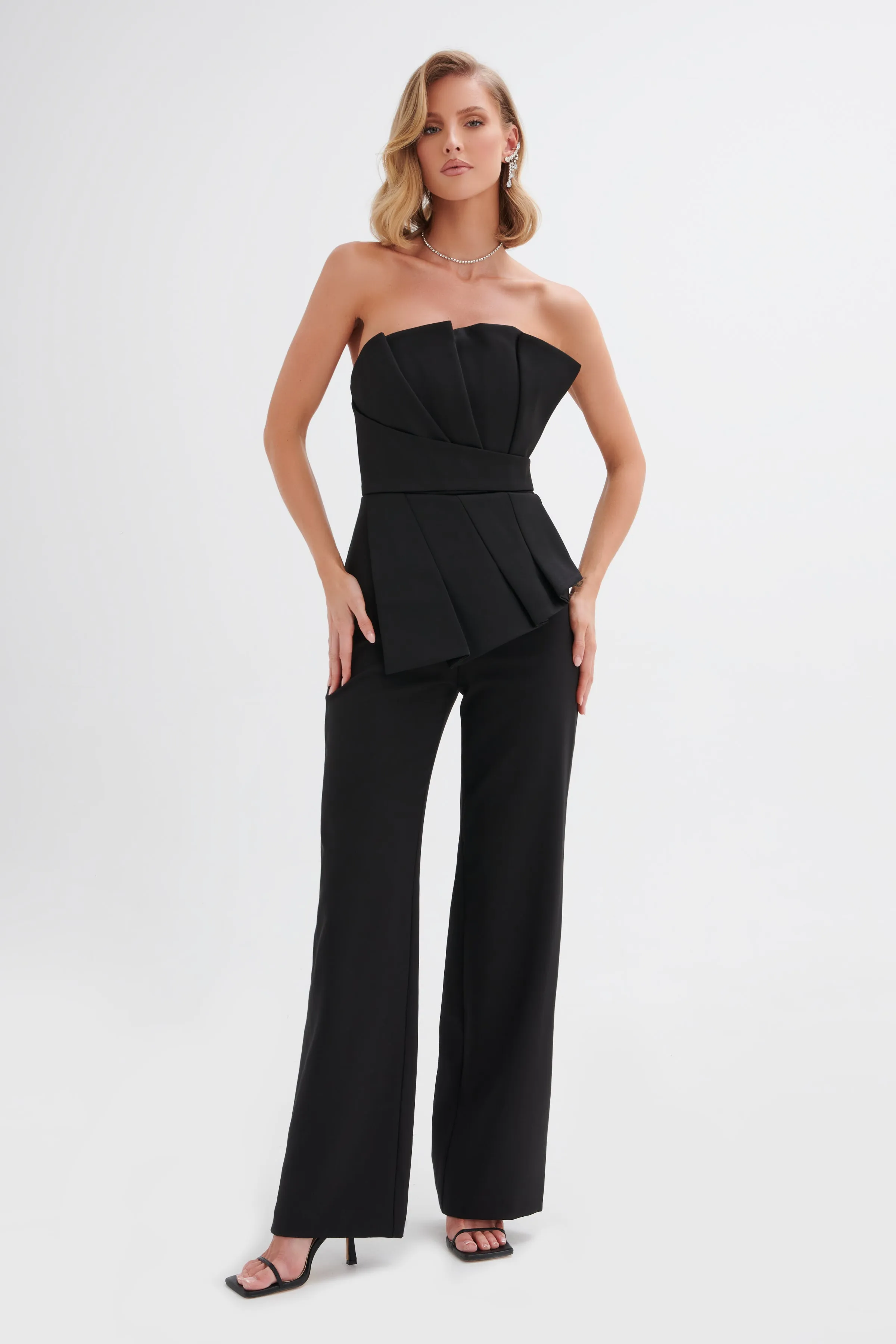 ELARA Asymmetric Pleated Frill Straight Leg Jumpsuit in Black sold by Lavish Alice product image thumbnail 4