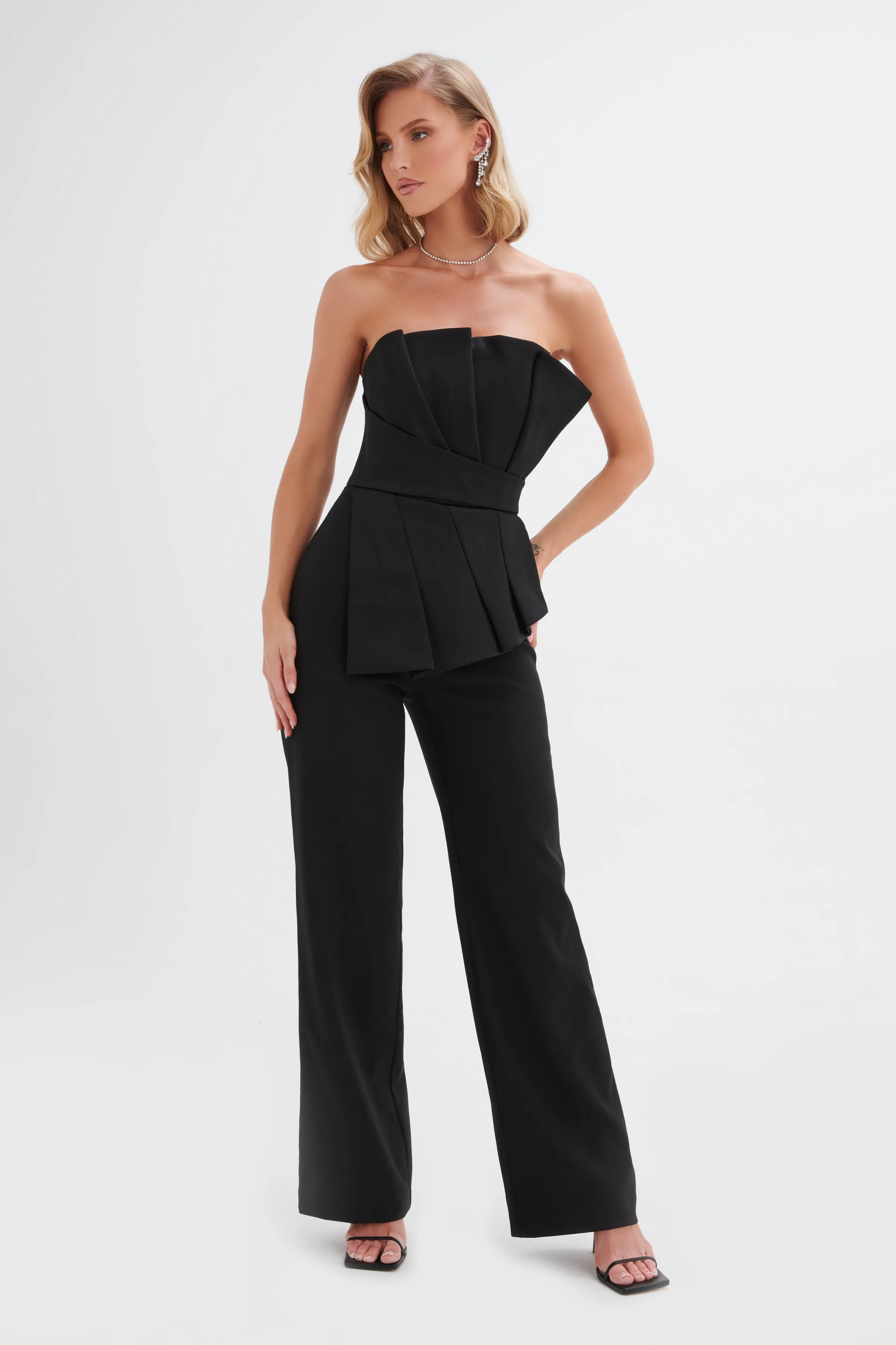 ELARA Asymmetric Pleated Frill Straight Leg Jumpsuit in Black sold by Lavish Alice product image thumbnail 3