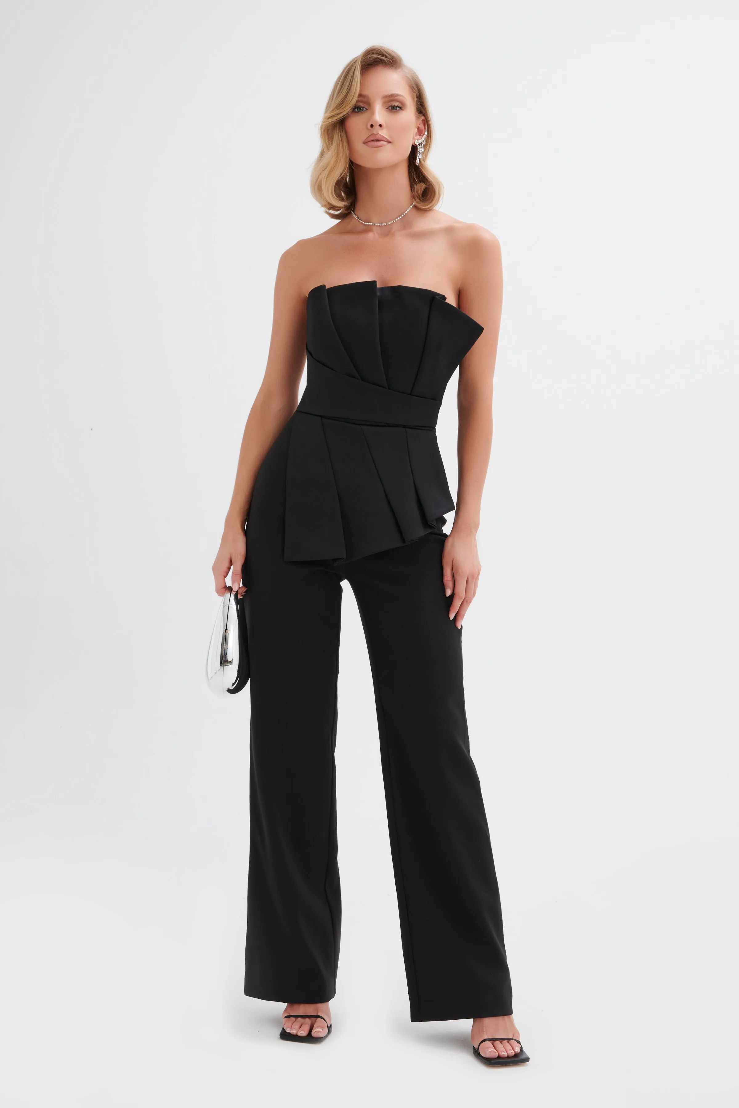 ELARA Asymmetric Pleated Frill Straight Leg Jumpsuit in Black sold by Lavish Alice product image thumbnail 2