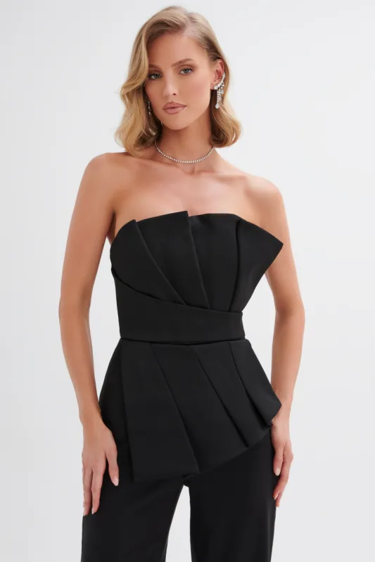 ELARA Asymmetric Pleated Frill Straight Leg Jumpsuit in Black made by Lavish Alice