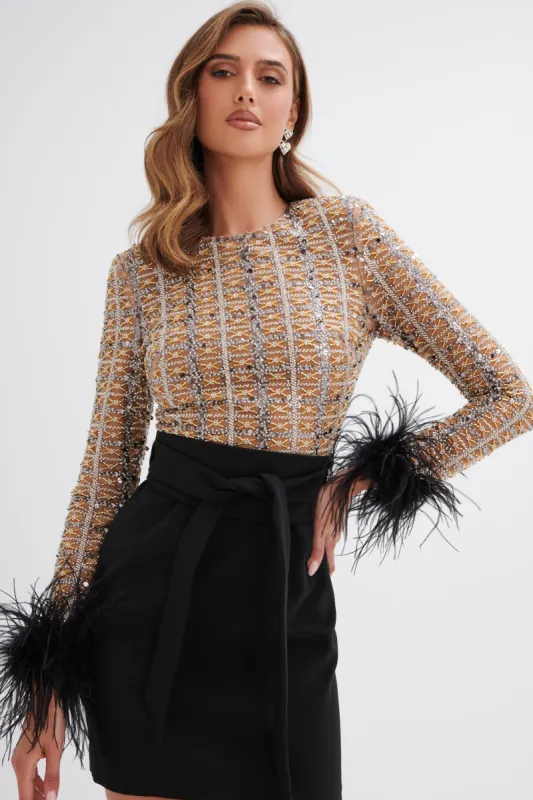 MEDINA Embellished Feather Cuff Mini Dress In Black made by Lavish Alice