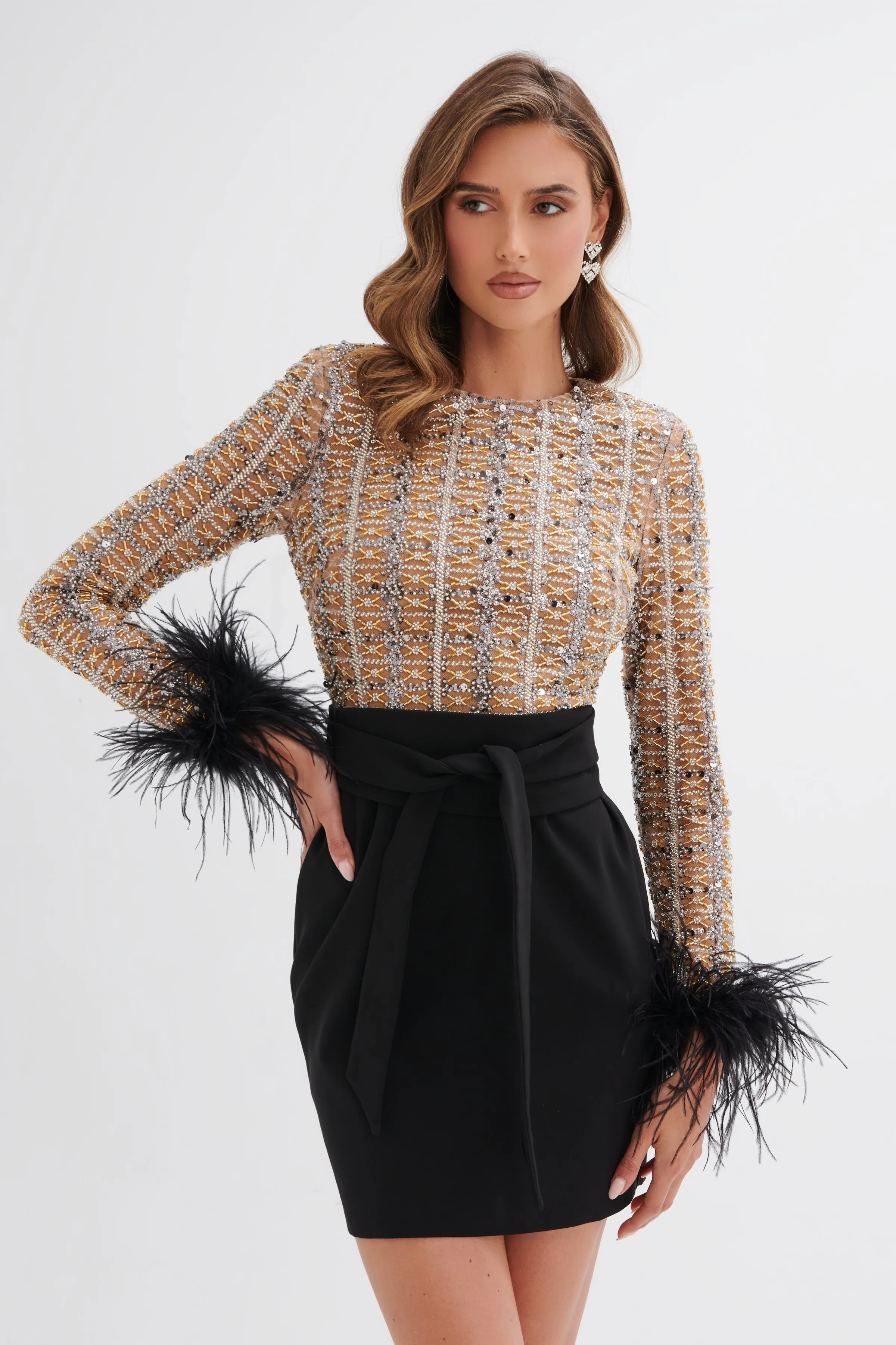 MEDINA Embellished Feather Cuff Mini Dress In Black sold by Lavish Alice product image thumbnail 4
