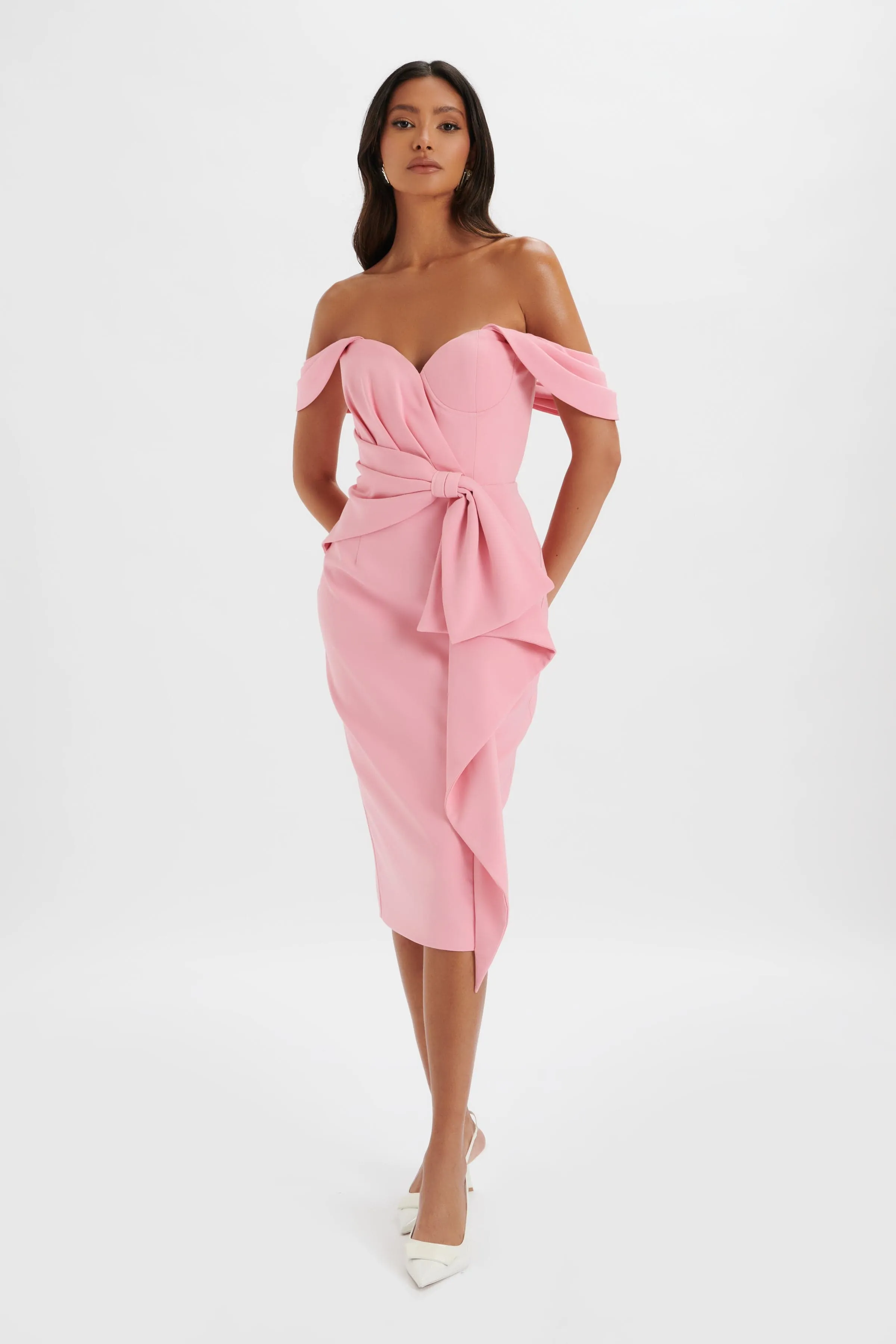 LORI Off Shoulder Bow Detail Midi Dress in Pink | Parallel