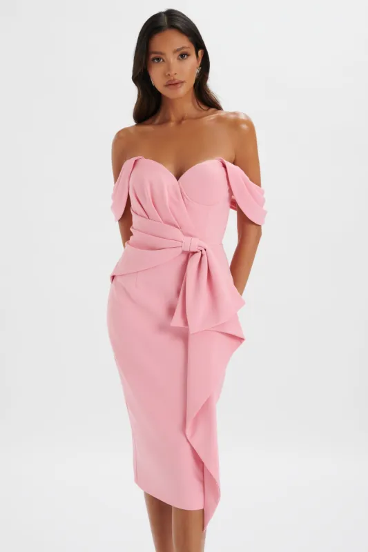 LORI Off Shoulder Bow Detail Midi Dress in Pink sold by Lavish Alice