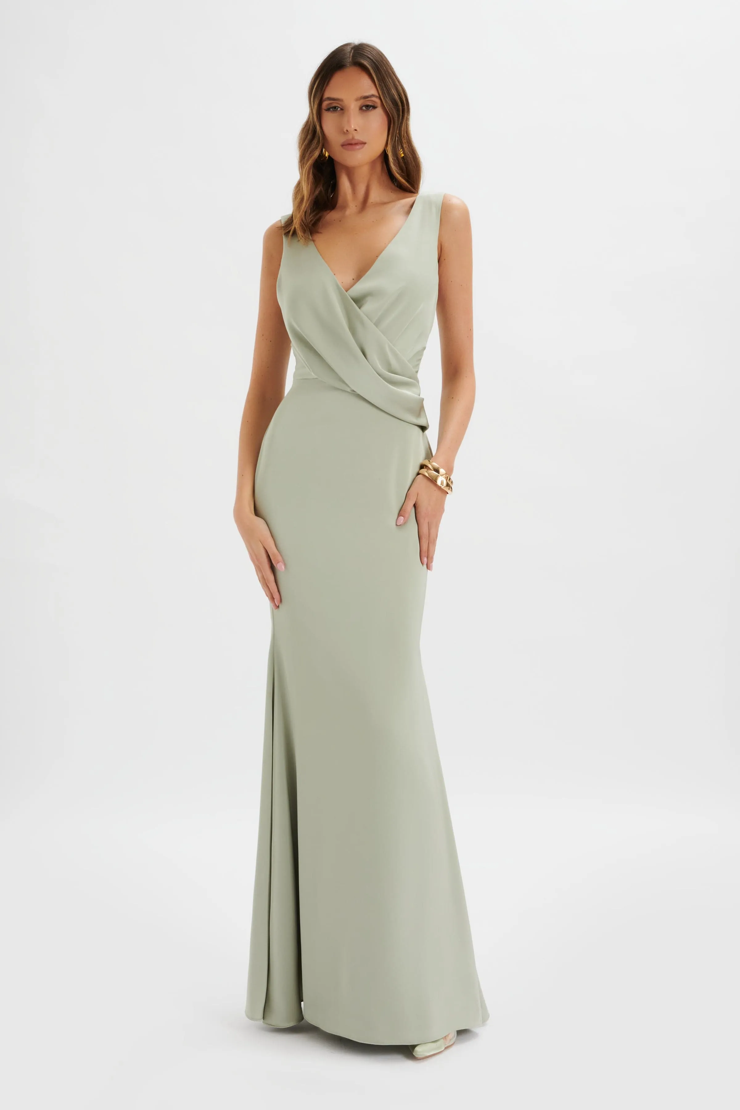ELLE Draped Wrap Satin Maxi Dress in Sage Green sold by Lavish Alice