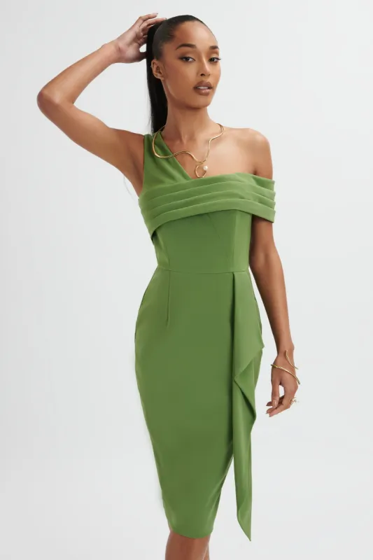 HANNAH Pleated Asymmetric Off Shoulder Midi Dress In Green sold by Lavish Alice