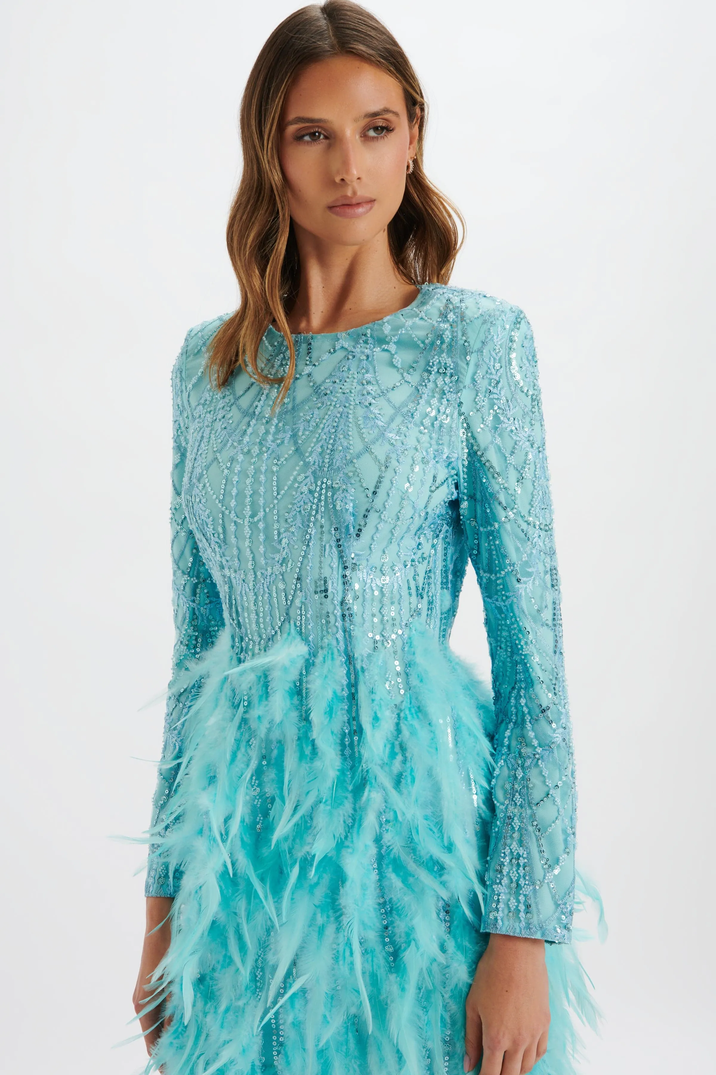 SELENE Embellished Feather Mini Dress in Blue sold by Lavish Alice product image thumbnail 2