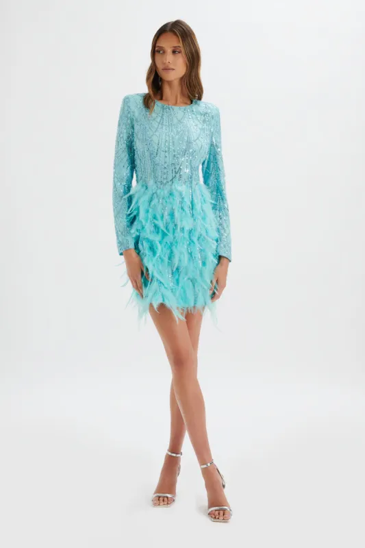 SELENE Embellished Feather Mini Dress in Blue made by Lavish Alice