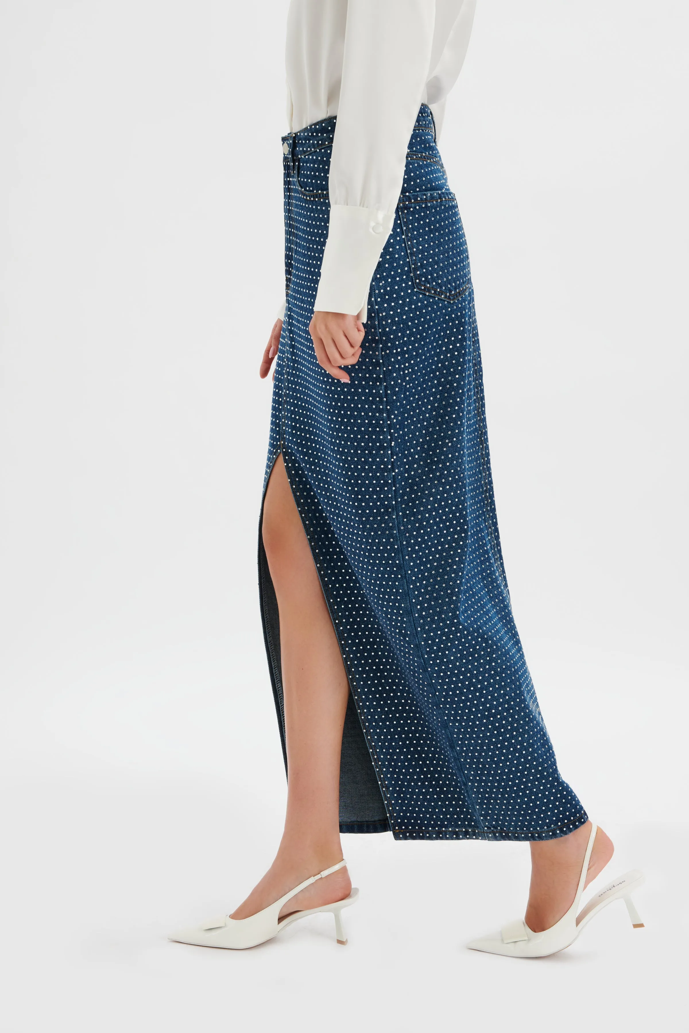 HARPER Crystal Embellished Denim Maxi Skirt in Dark Blue sold by Lavish Alice product image thumbnail 2