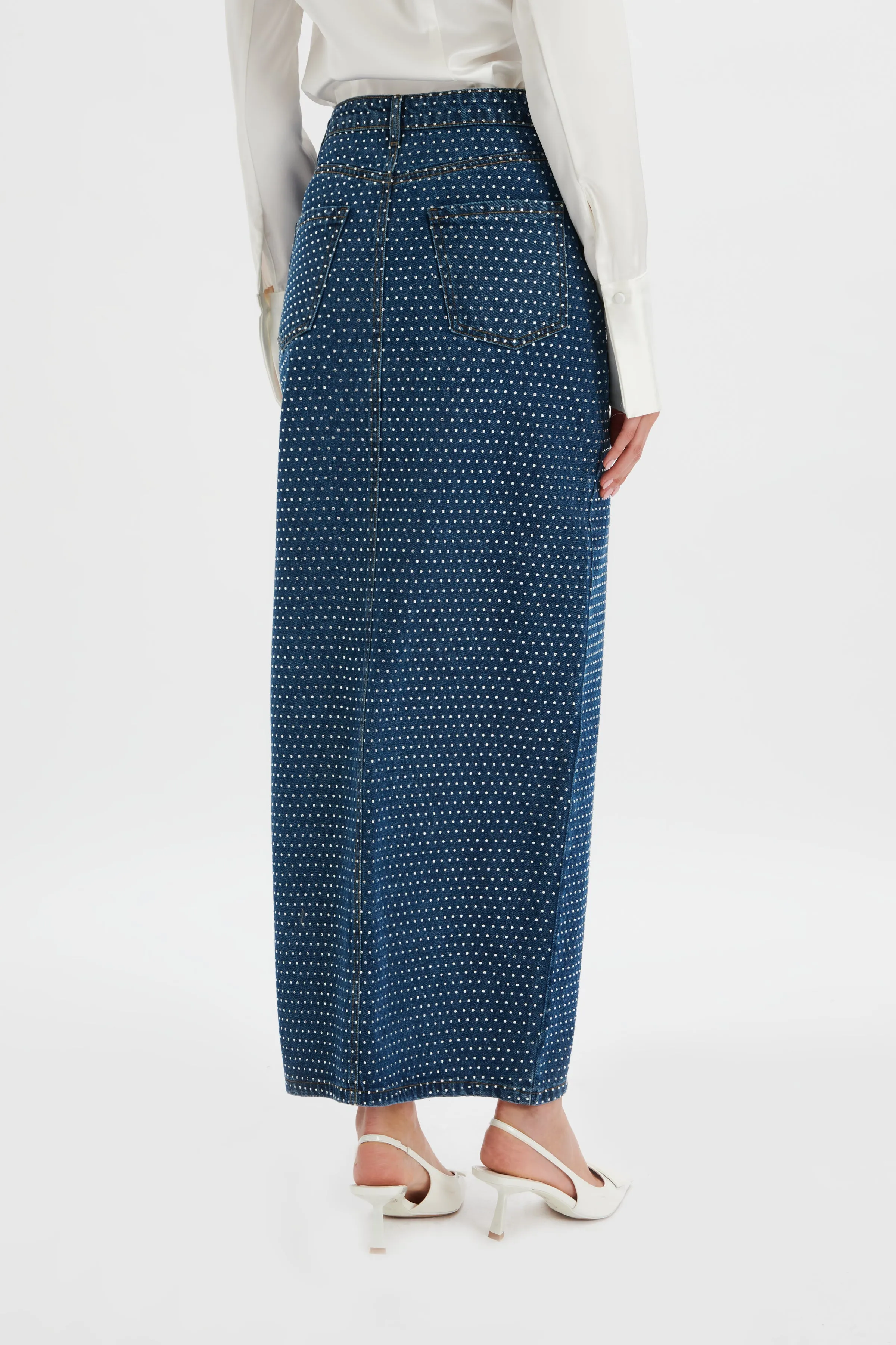 HARPER Crystal Embellished Denim Maxi Skirt in Dark Blue sold by Lavish Alice product image thumbnail 4