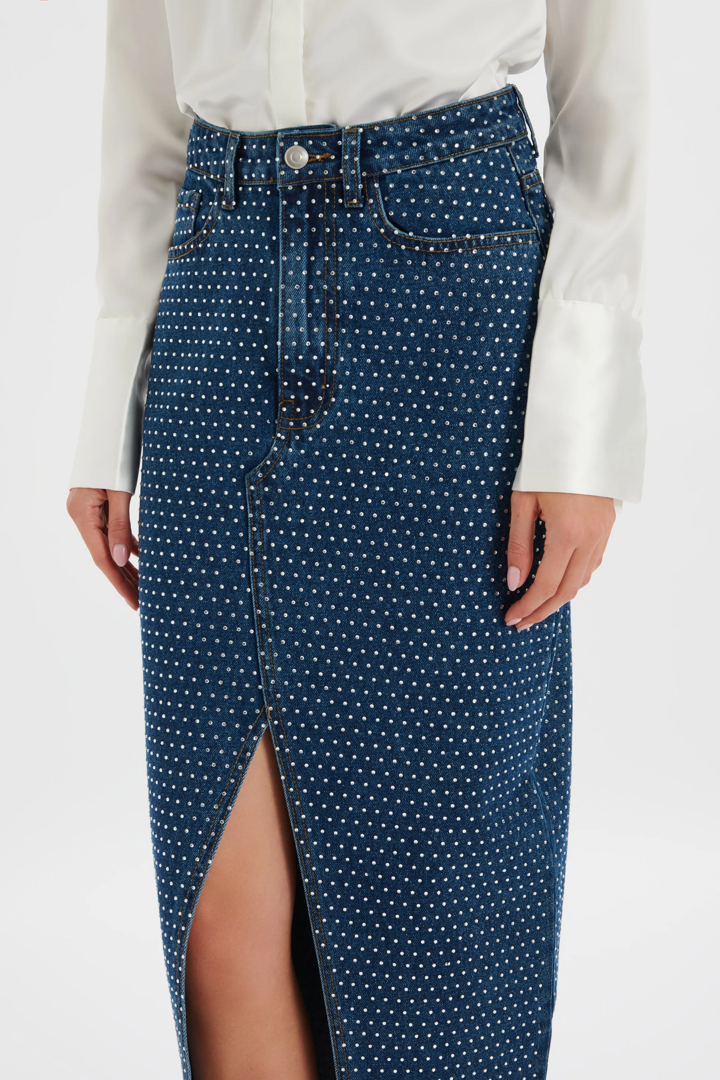 HARPER Crystal Embellished Denim Maxi Skirt in Dark Blue sold by Lavish Alice product image thumbnail 3