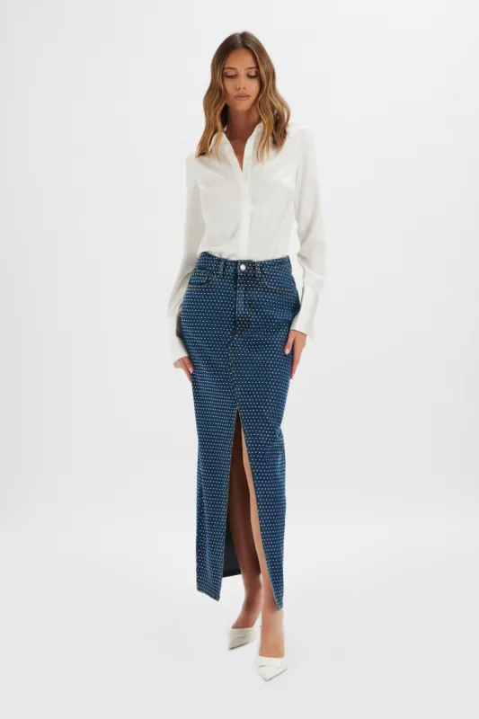HARPER Crystal Embellished Denim Maxi Skirt in Dark Blue sold by Lavish Alice