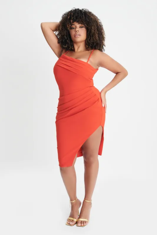 CHANTELLE Curve Pleat Midi Dress In Coral Red sold by Lavish Alice