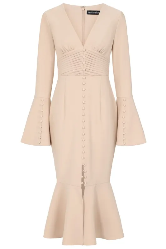 SALMA Fluted Sleeve Longline Fishtail Midi Dress In Beige sold by Lavish Alice