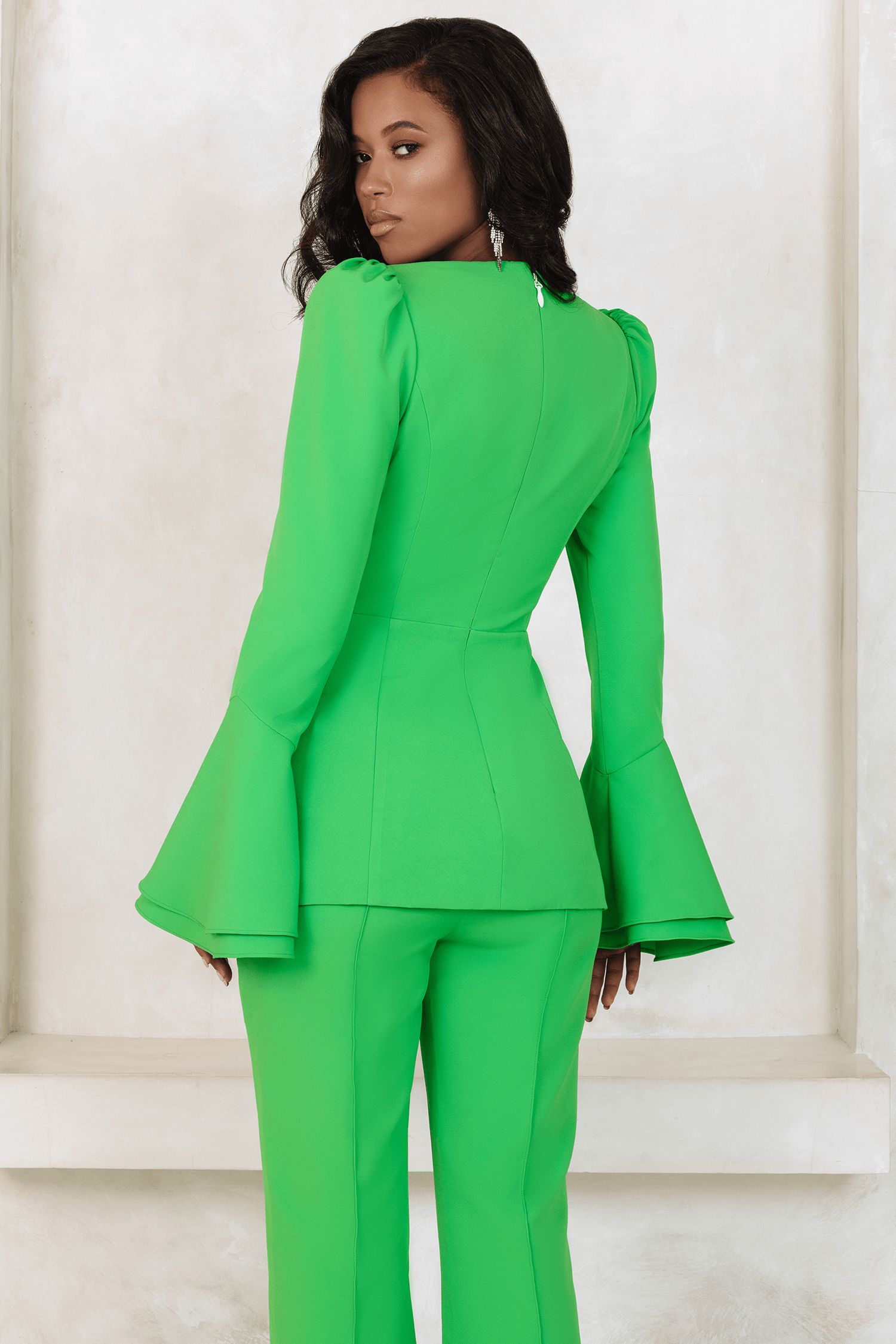 DAISY Flared Sleeve Obi Belted Blazer In Apple Green | Parallel DAISY Flared Sleeve Obi Belted Blazer In Apple Green | Parallel