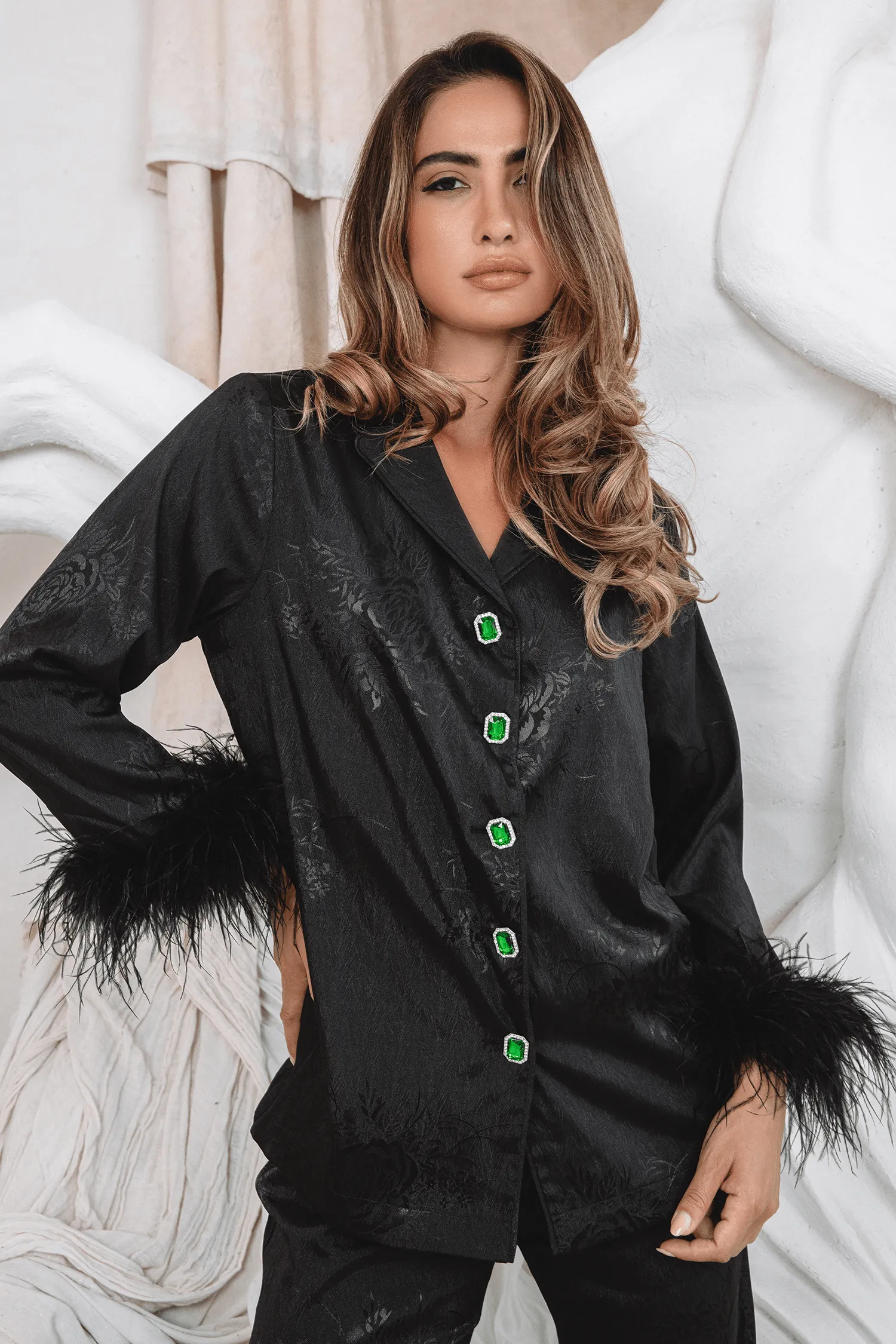 SYDNEY Feather Trim Satin Jacquard Pyjama in Black sold by Lavish Alice product image thumbnail 3