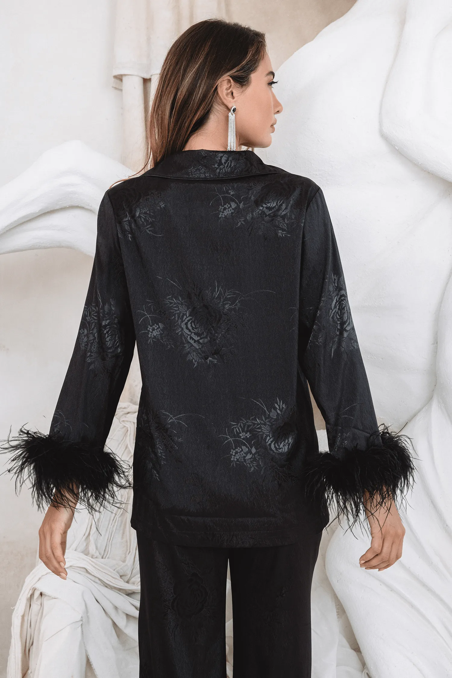 SYDNEY Feather Trim Satin Jacquard Pyjama in Black sold by Lavish Alice product image thumbnail 4
